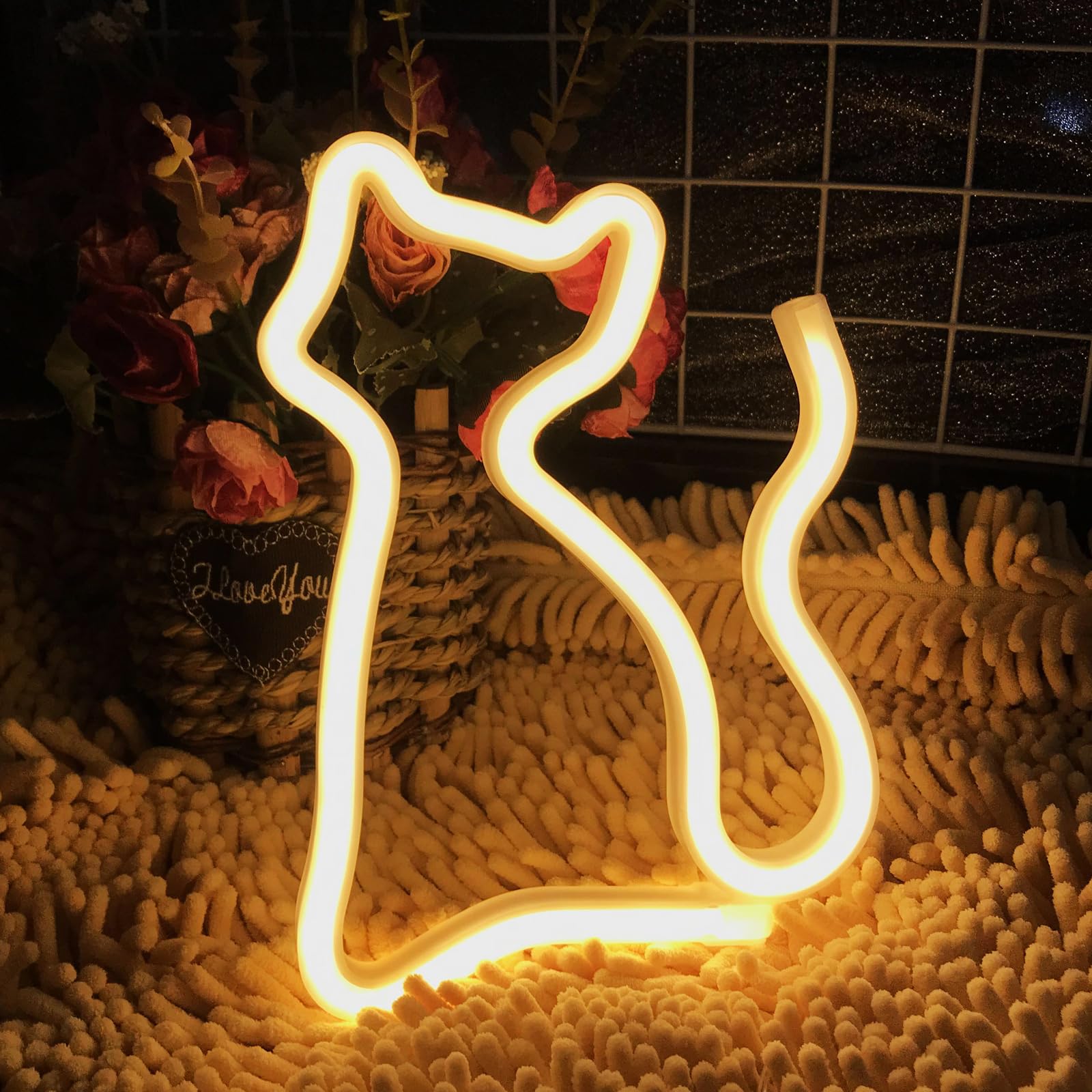 Warm White Cute Kitten Modeling Neon USB/AA Battery Powered LED Lamp Table Decoration Girl Bedroom Wall Decoration Send Pets Cat Lovers Send Lovers Pet Shop Decoration