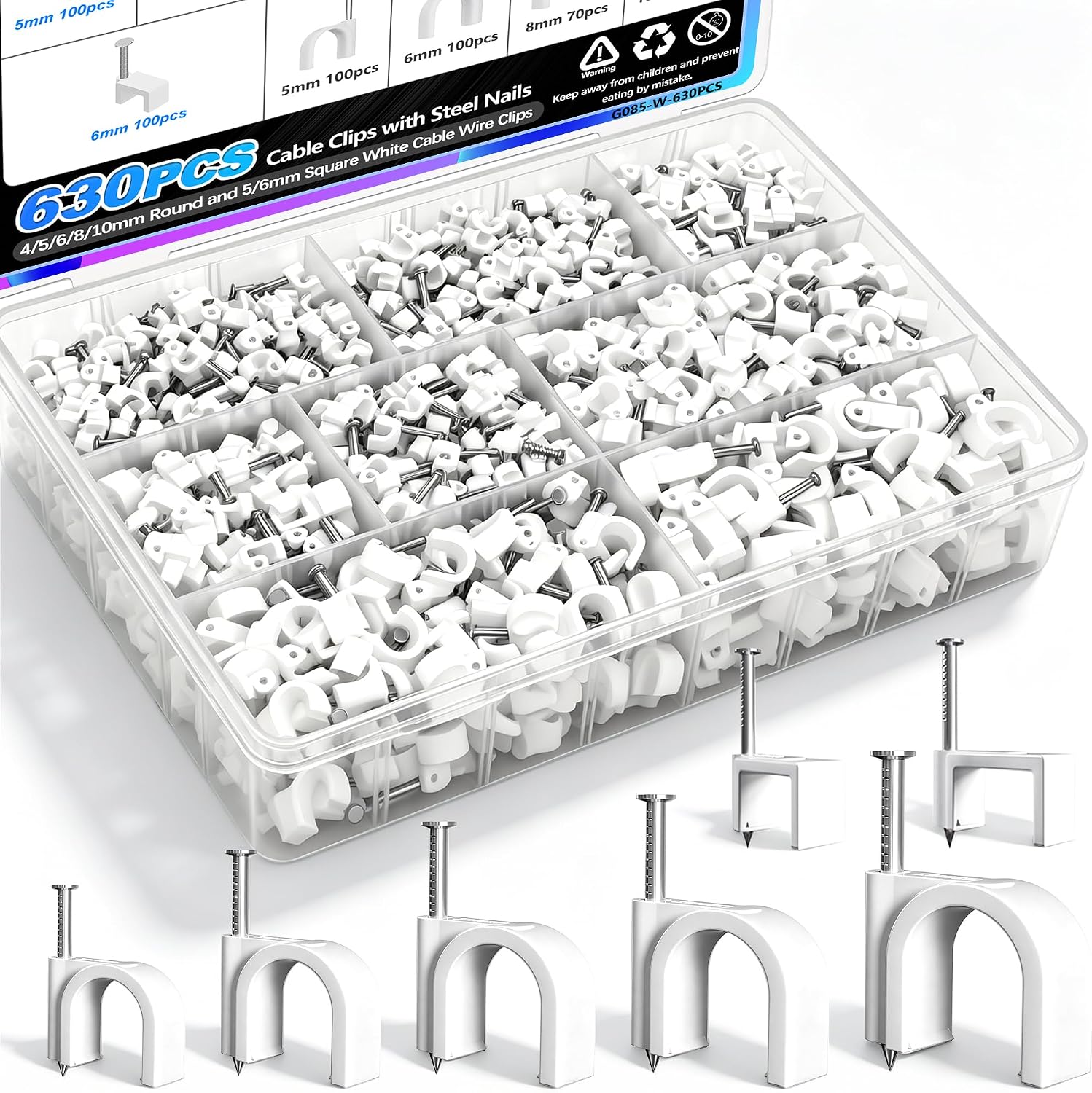 mxuteuk 630PCS Cable Clips with Steel Nails,4/5/6/8/10mm Round and 5/6mm Square Black Cable Wire Clips,Wall Clips for Cords,Cable Cord Clips for RG6 RG59 CAT6 RJ45
