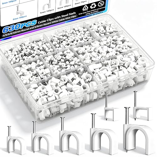 mxuteuk 630PCS Cable Clips with Steel Nails,4/5/6/8/10mm Round and 5/6mm Square White Cable Wire Clips,Wall Clips for Cords,Cable Cord Clips for RG6 RG59 CAT6 RJ45