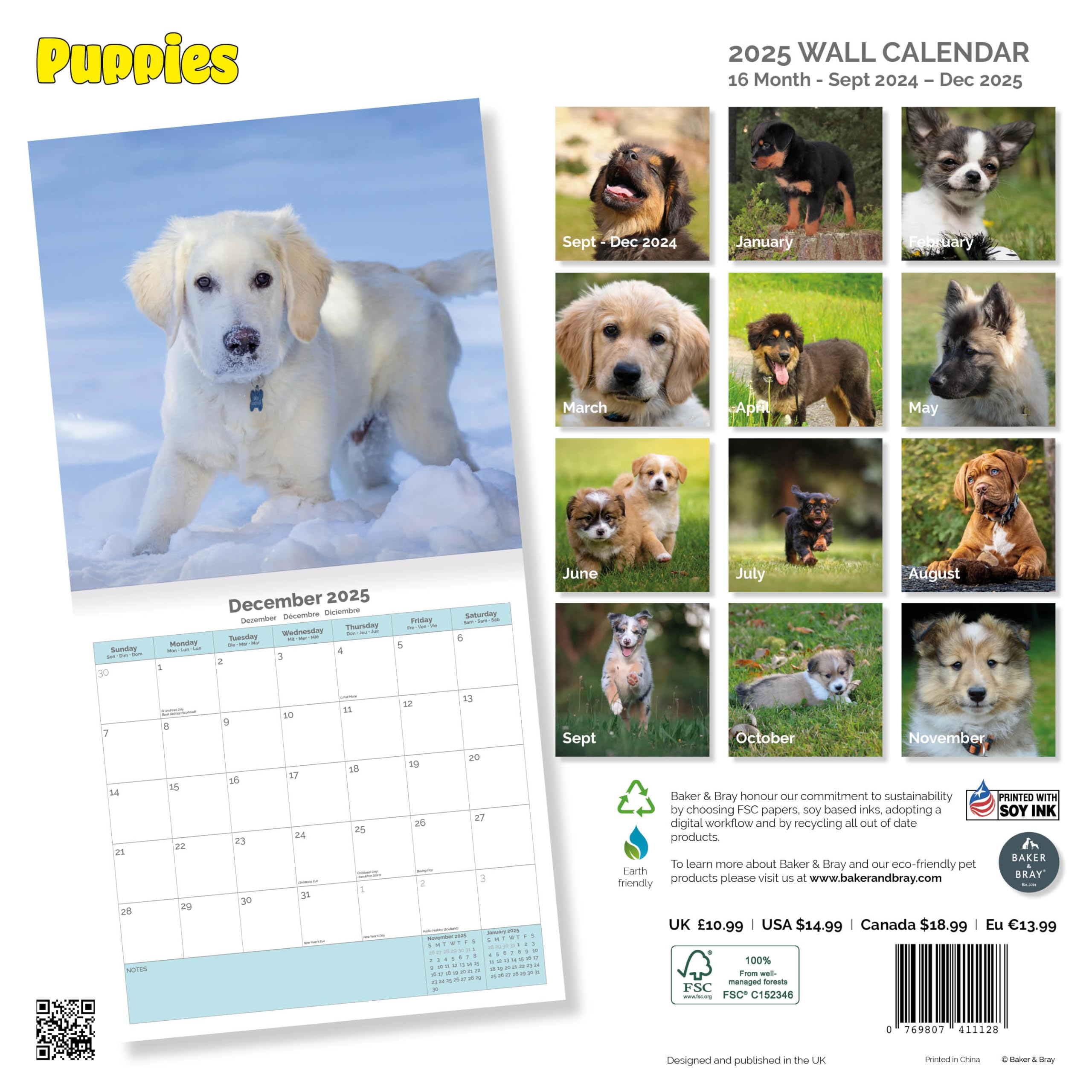 Baker and Bray Puppies Calendar 2026, Large Square Wall Calendar With Organisational Stickers, 16 Month, Puppies Gift Dog Calendar - Image 3