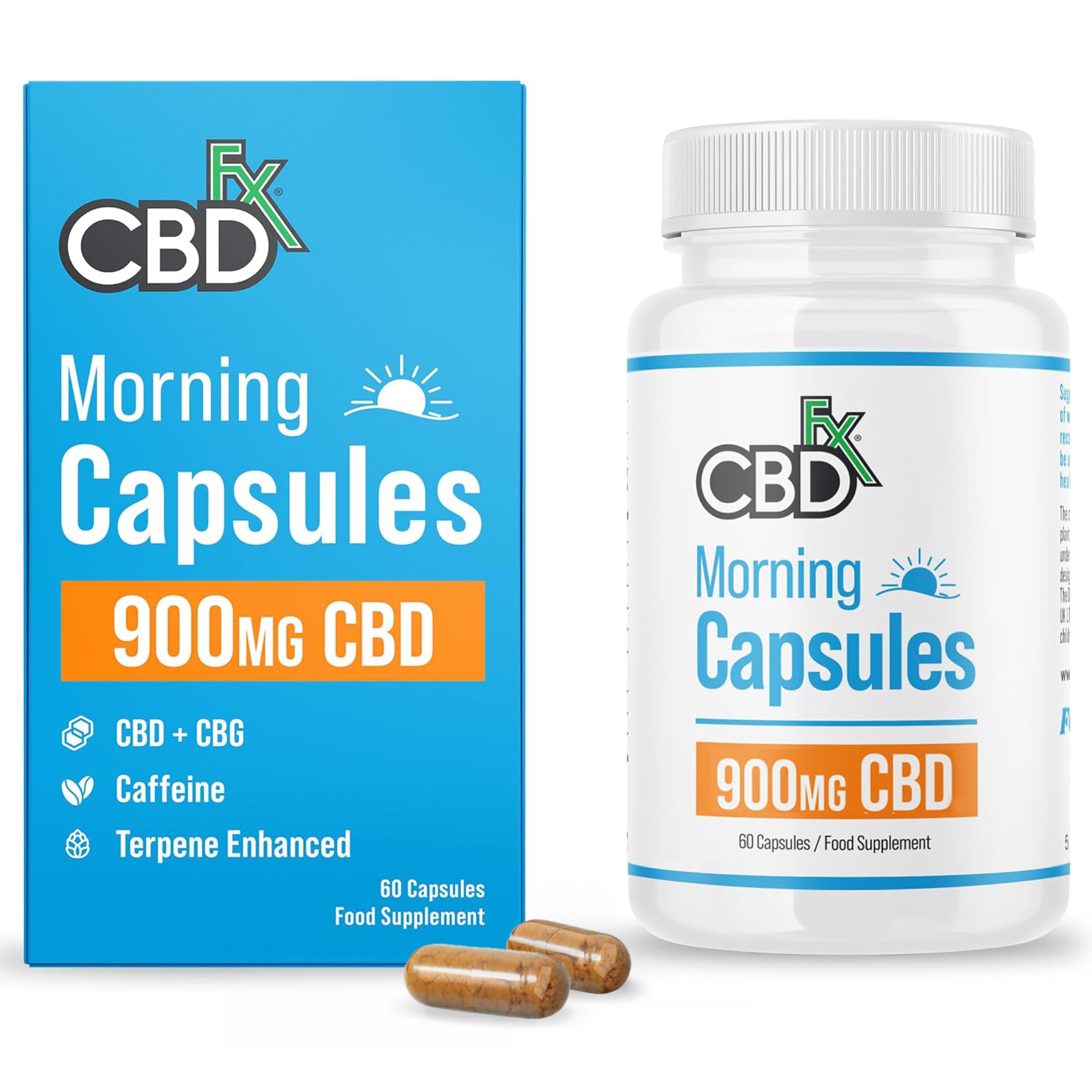 CBDfx 900mg CBD High Strength Morning CBD Capsules with Caffeine, CBG & Unique Terpene Blend, Vegan, Gluten Free, 60 Capsules