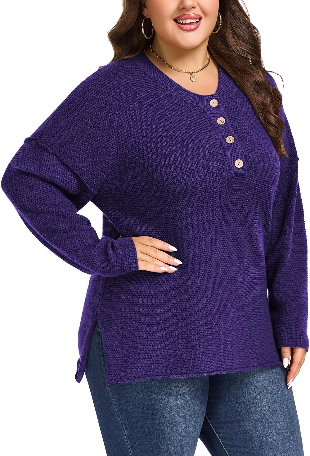 Womens Plus Size Sweaters Tops Long Sleeve V Neck Button Henley Tops Loose Casual Pullover Knit Shirts - Image 2
