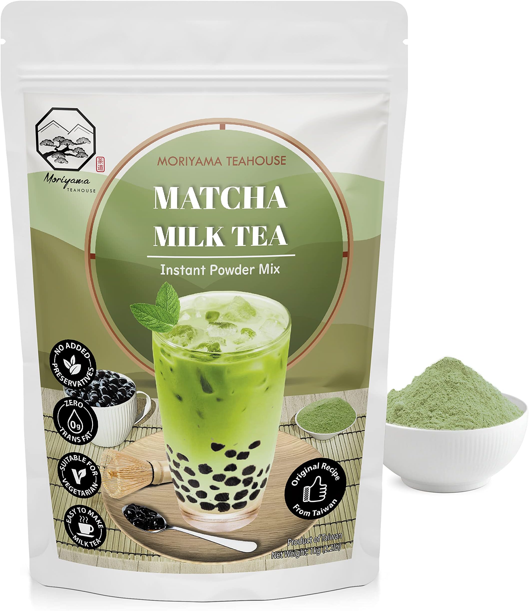 Matcha Bubble Milk Tea Instant 3in1 Powder Mix - 1kg (33 Drinks) | For Boba Tea, Milkshake, Blended Frappe and Bakery | Authentic Taiwan Recipe | Zero Trans Fat, No Preservatives by Moriyama Teahouse