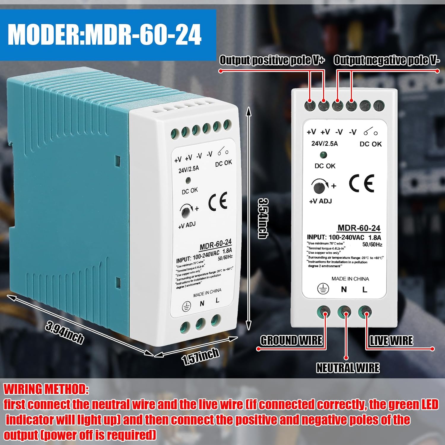 Yexiya 2 Pcs 24vdc Power Supply 24v 2.5a Din Rail Power Supply Mdr 60w Din Rail Dual Output Switching Converter Dc (Input: 100-240vac, Output: 24vdc, 50/60hz)