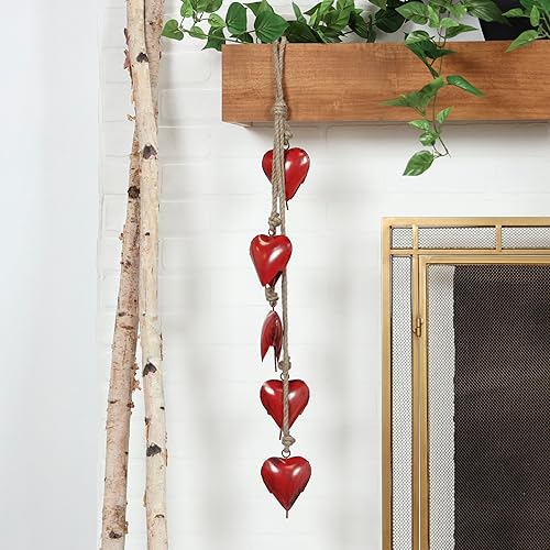 Miniatura 5 de Deco 79 Campana decorativa de corazón de metal con cuerda para colgar de yute, 4 x 2 x 35 pulgadas, rojo