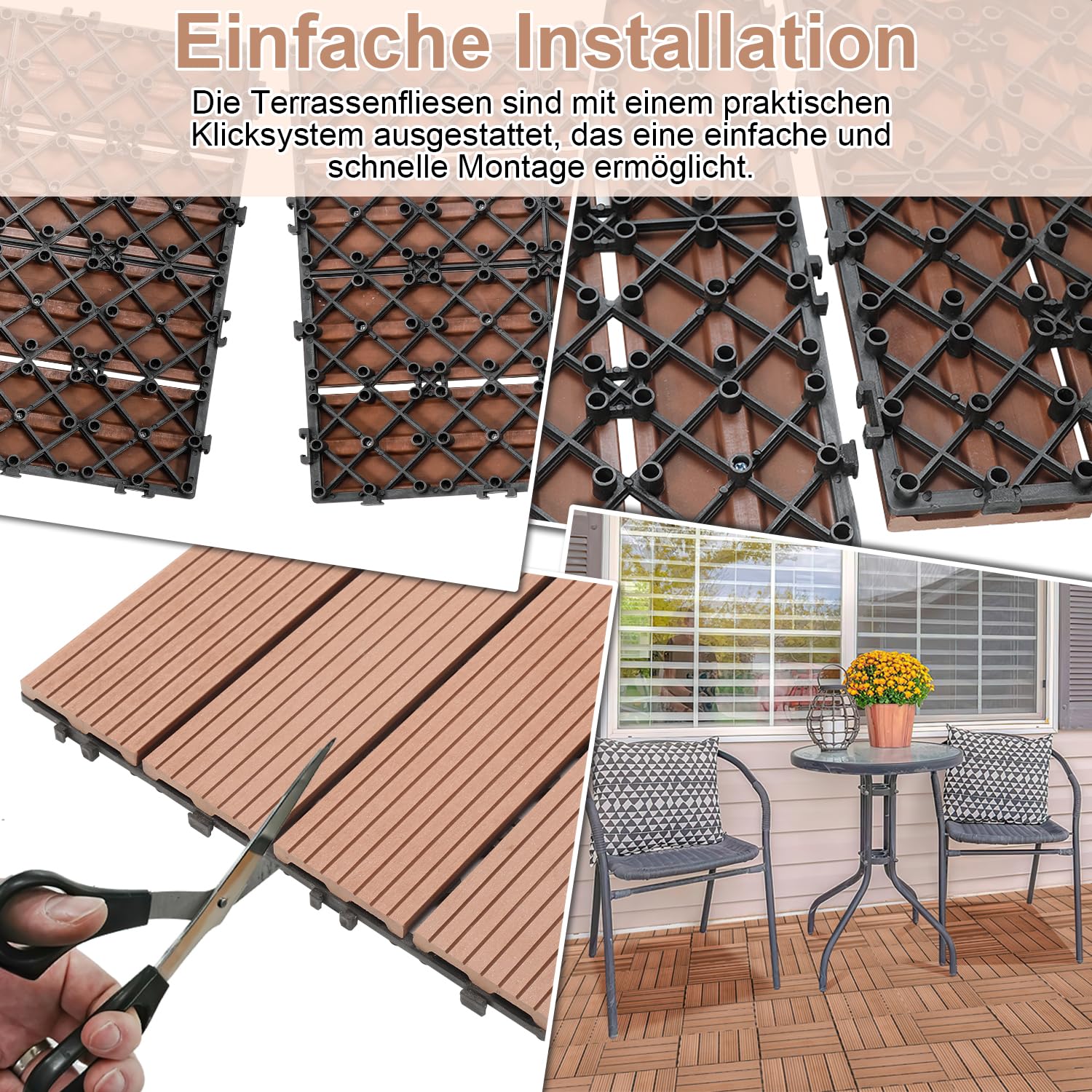 Juego de 12 baldosas de WPC para terraza, 30 x 60 cm, azulejos de plástico con clic, azulejos de WPC para 2 m², suelo con drenaje, tablones de terraza, resistentes al agua, resistentes a la