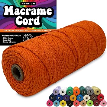 3mm Macrame Cord, 100% Cotton Colored Rope, Thick Natural Craft String for Yarn Supplies, 325 Feet, Thin Orange
