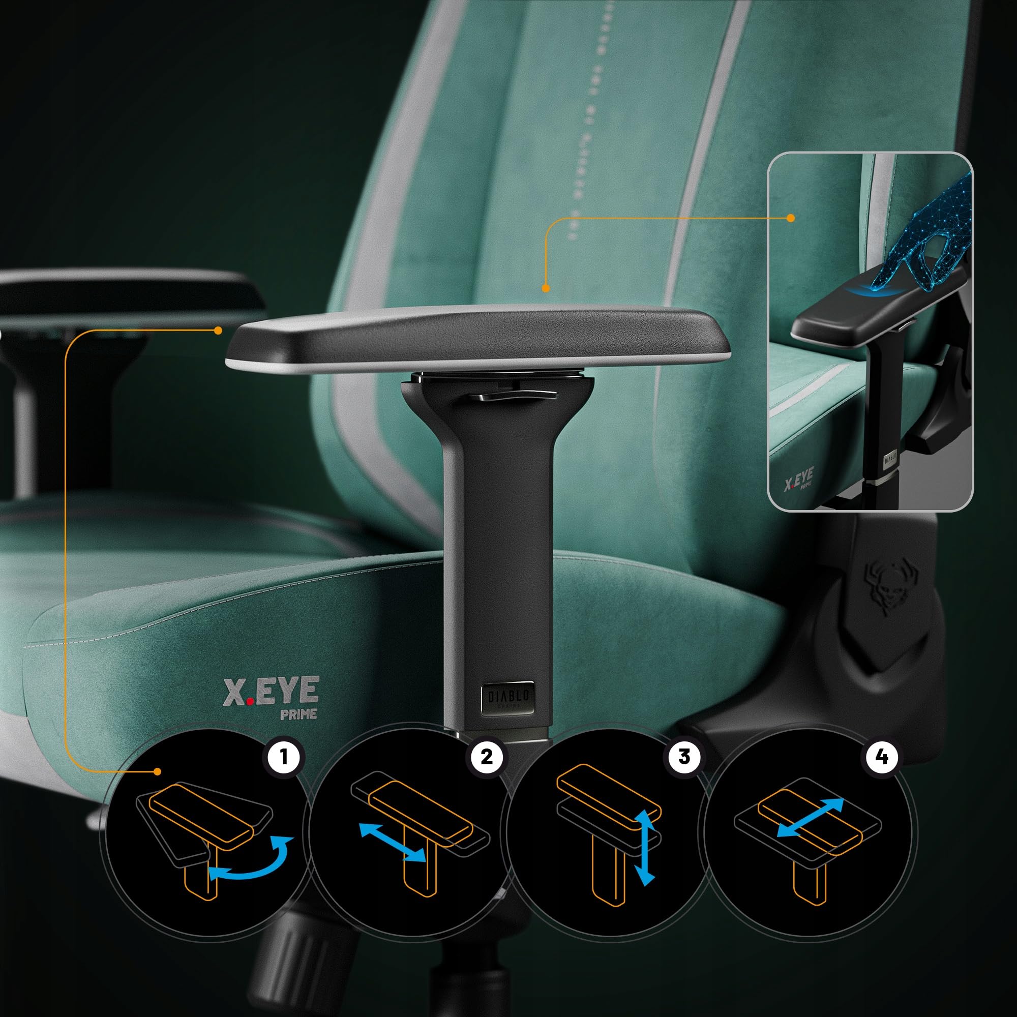 Diablo X.Eye Prime Silla Gaming Oficina, Sillon Gamer Ergonómico | Reposacabezas magnético | Reposabrazos 4D | Apoyo Lumbar Ajustable Integrado | Tejido | Carga de hasta 140 kg | Mystic Mint