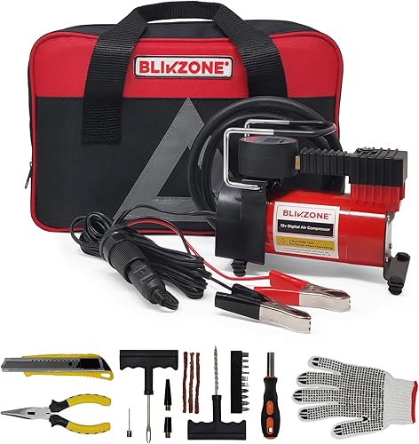 Inflador de neumáticos con compresor de aire para automóvil con kit de reparación de neumáticos planos, bomba de aire portátil para inflables con