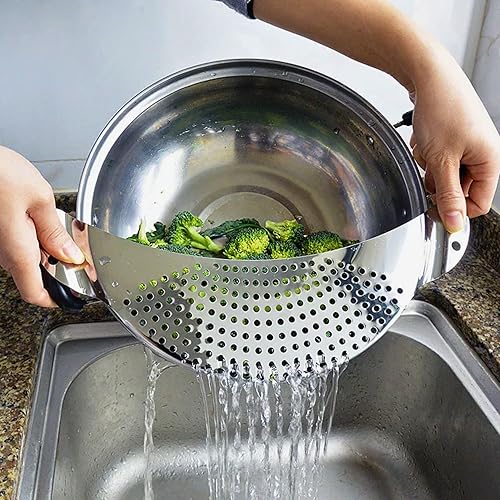 Miniatura 7 de Paquete de 2 coladores de olla con asa, colador de acero inoxidable de 10 pulgadas con mango de media luna, escurridor de olla de media luna,