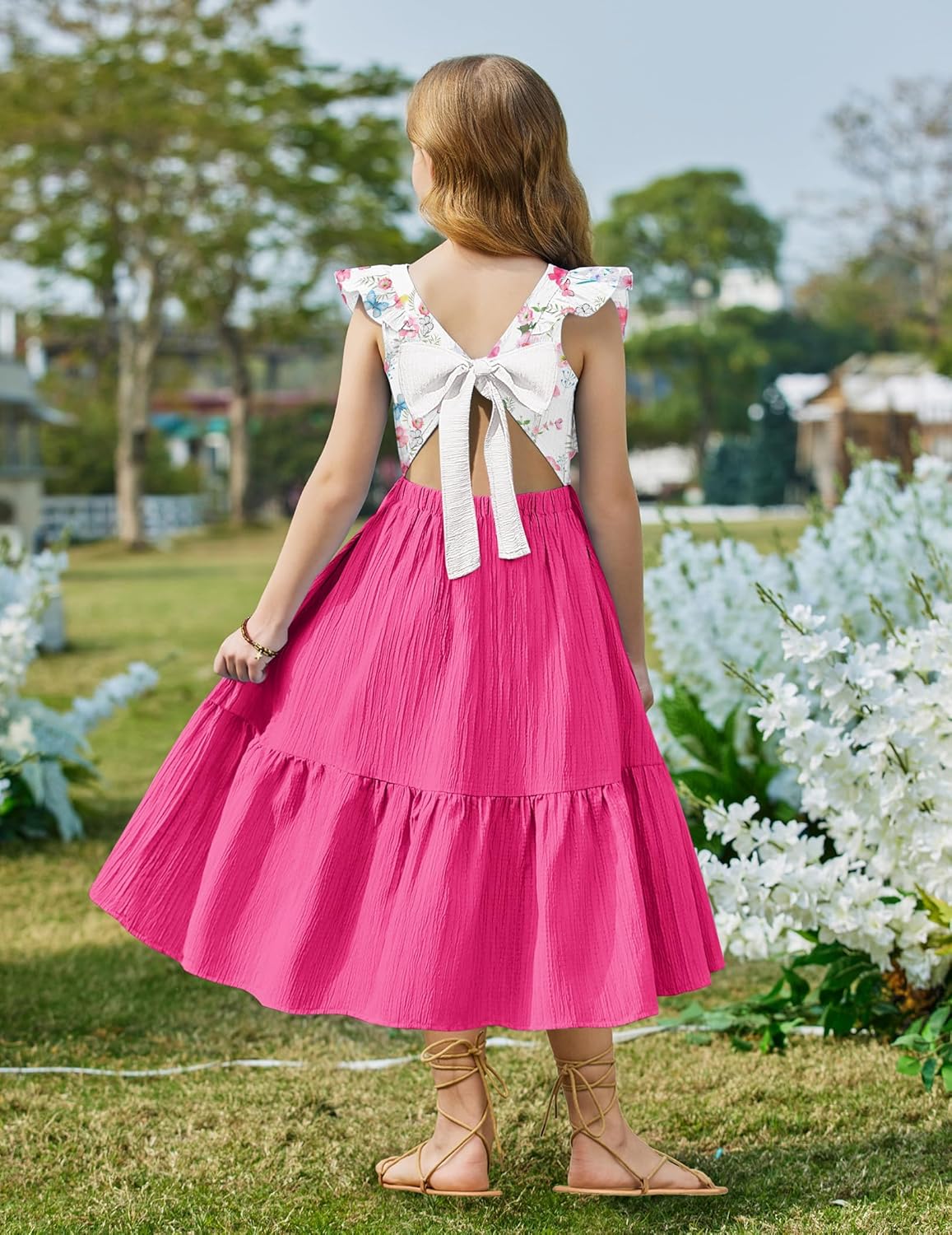 Arshiner Girls Summer Tie Back Dress Tween Boho Casual Square Neck Flutter Sleeve Maxi Dresses with Pockets - Image 4