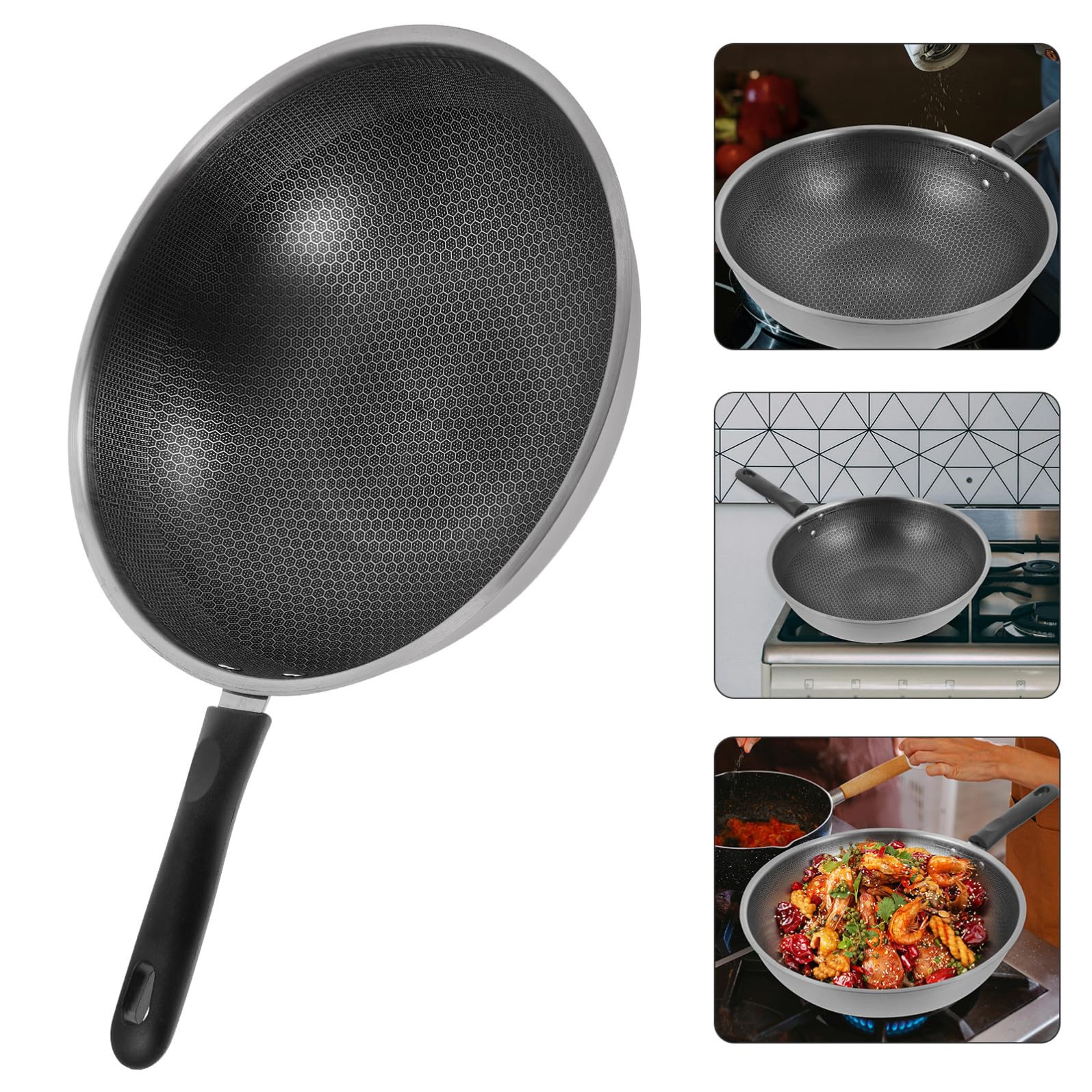 PACKOVE Padella Wok in Acciaio Inox con Rivestimento Antiaderente Nido d Ape Manico Ergonomico Antiscivolo per Cucina Facile e Resistente
