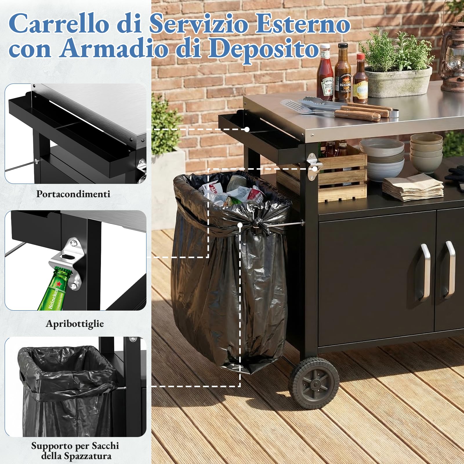 TLSUNNY Carrello per Barbecue con Piano in Acciaio Inox, Tavolo per Barbecue con Porta, 4 Ruote, Carrello da Cucina da Esterno, Carrello da Giardino per Terrazzo, Balcone, Picnic, 112 x 51 x 82.5 cm