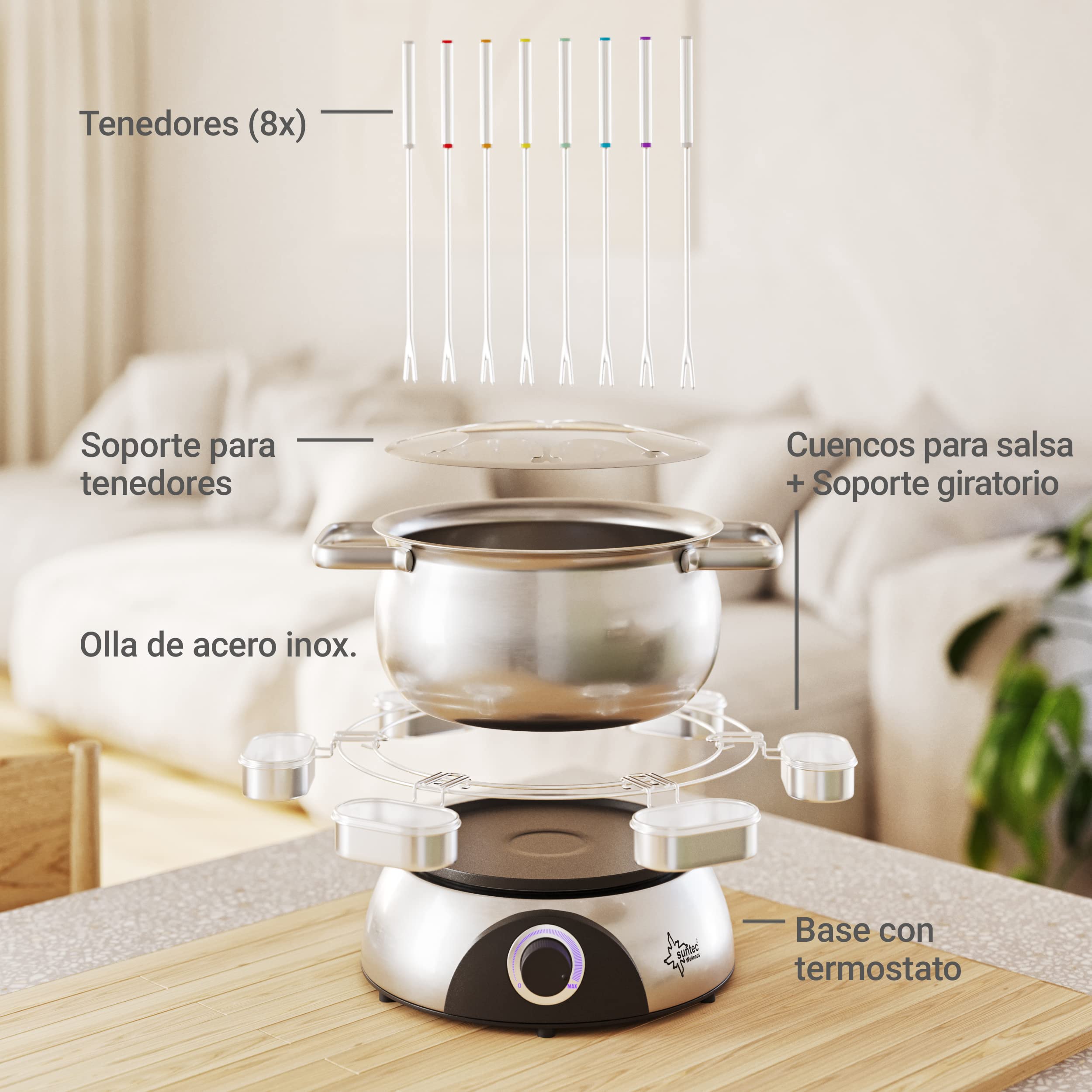 SUNTEC Fondue eléctrica para 8 personas – Tenedores + antisalpicaduras + soporte para salsas – Alternativa a la raclette – Olla para queso + chocolate + grasa – Fondue de acero inoxidable FON-8014 V2A