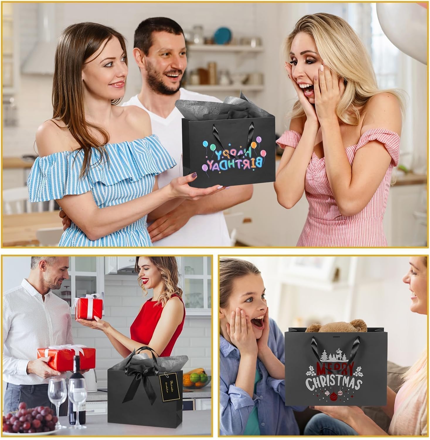 Rcybeo 3 PCS Large Black Gift Bags with Handle, Gift Bags with Tissue Paper and Greeting Card, 14"x 5"x 10" Heavy Duty Wrap Bags for Birthday Party Wedding,Father's Day,Anniversaries, All Occasions - Image 5