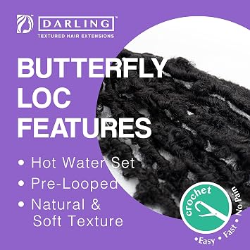 Darling Butterfly Locs 6X Crochet Hair Extensions (3 Packs, 2X per Pack), Pre-twisted Natural Black Soft Texture, Pre Looped Distressed Locs, 12 Inch, #1B