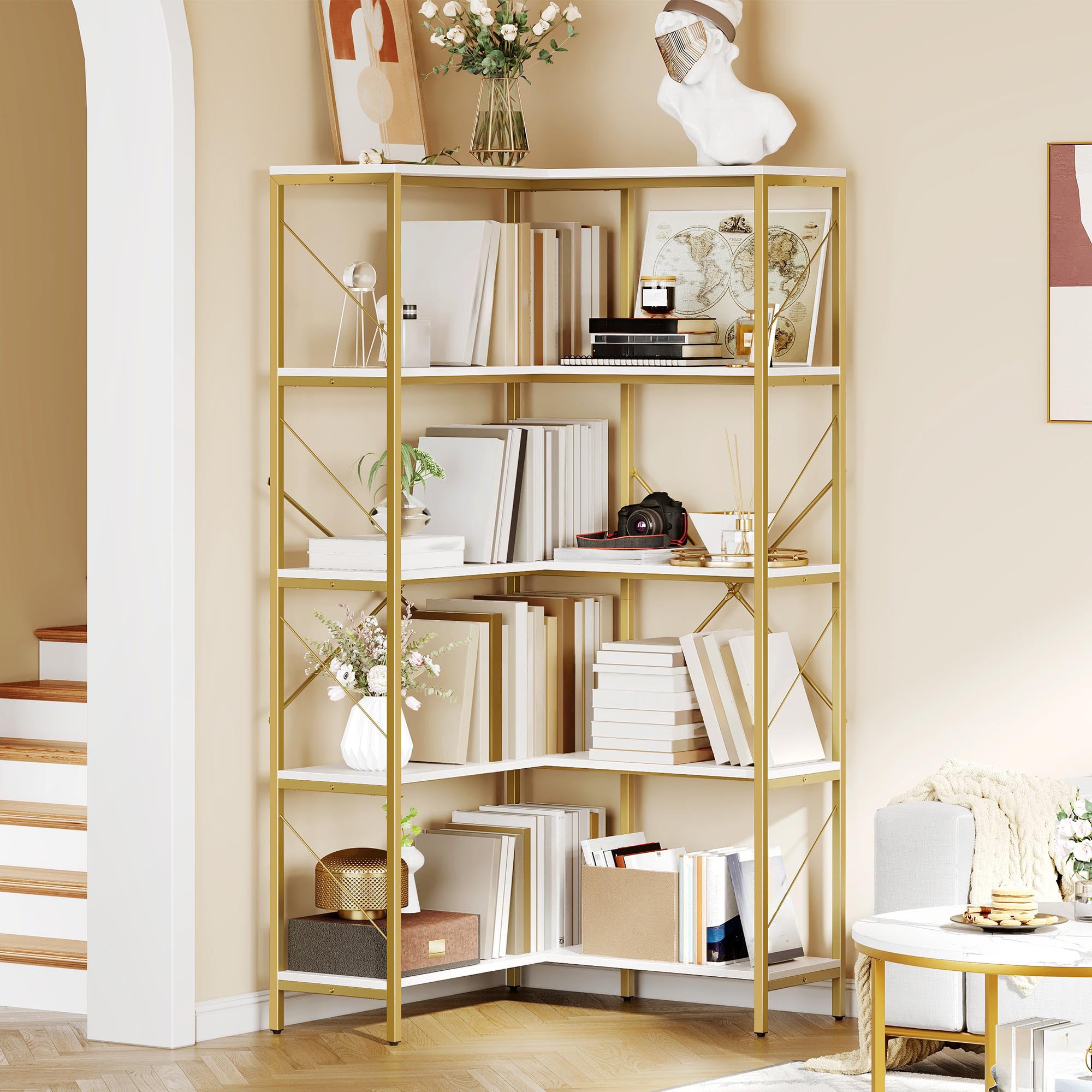 家具 Android YITAHOME Corner Bookshelf, Gold Corner Shelf 5 Tier Bookcase