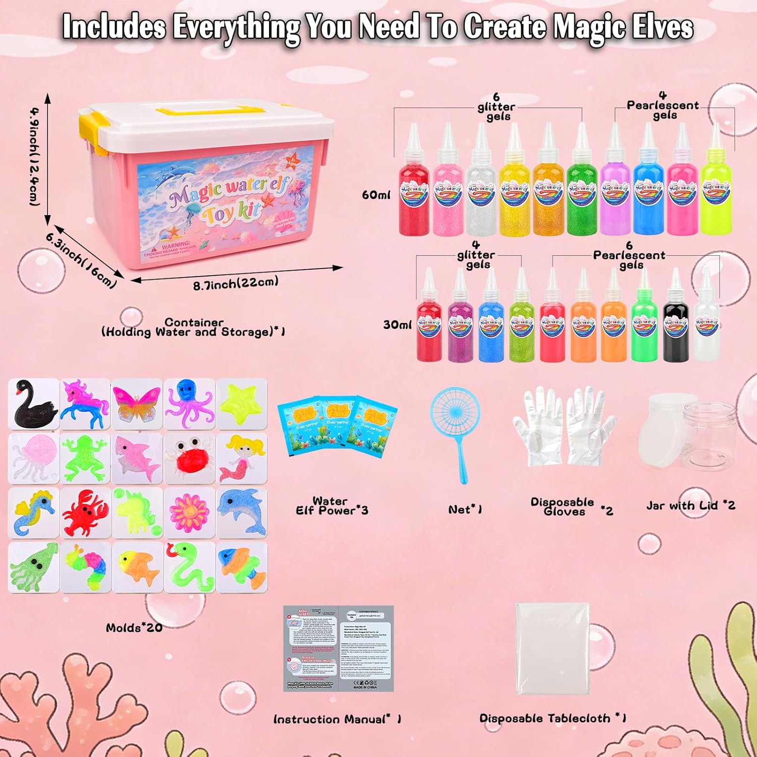 WUJYLY Magic Water Elf Toy Kit for Kids, Water Gel Squishy Making Kit with 20 Gels & 20 Molds, Make Your Own Squishies Toys,Party Favors, Birthday & Gifts , DIY Water Pets Craft Gift for Ages 6+