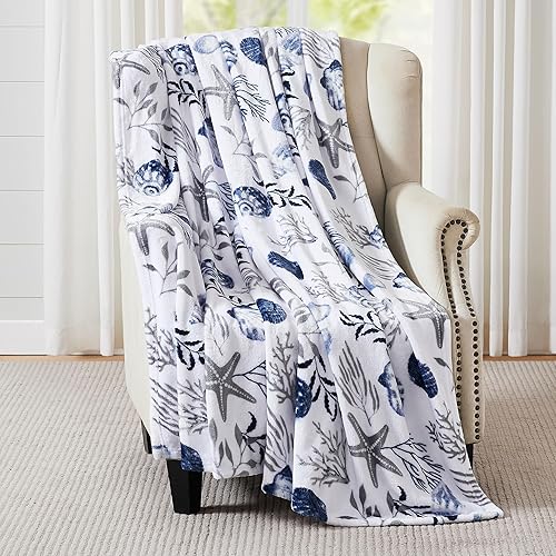 Miniatura 5 de Manta decorativa para decoración del hogar, vida oceánica, costera forro polar de terciopelo de felpa suave, tonos calmantes de azules, grises sobre