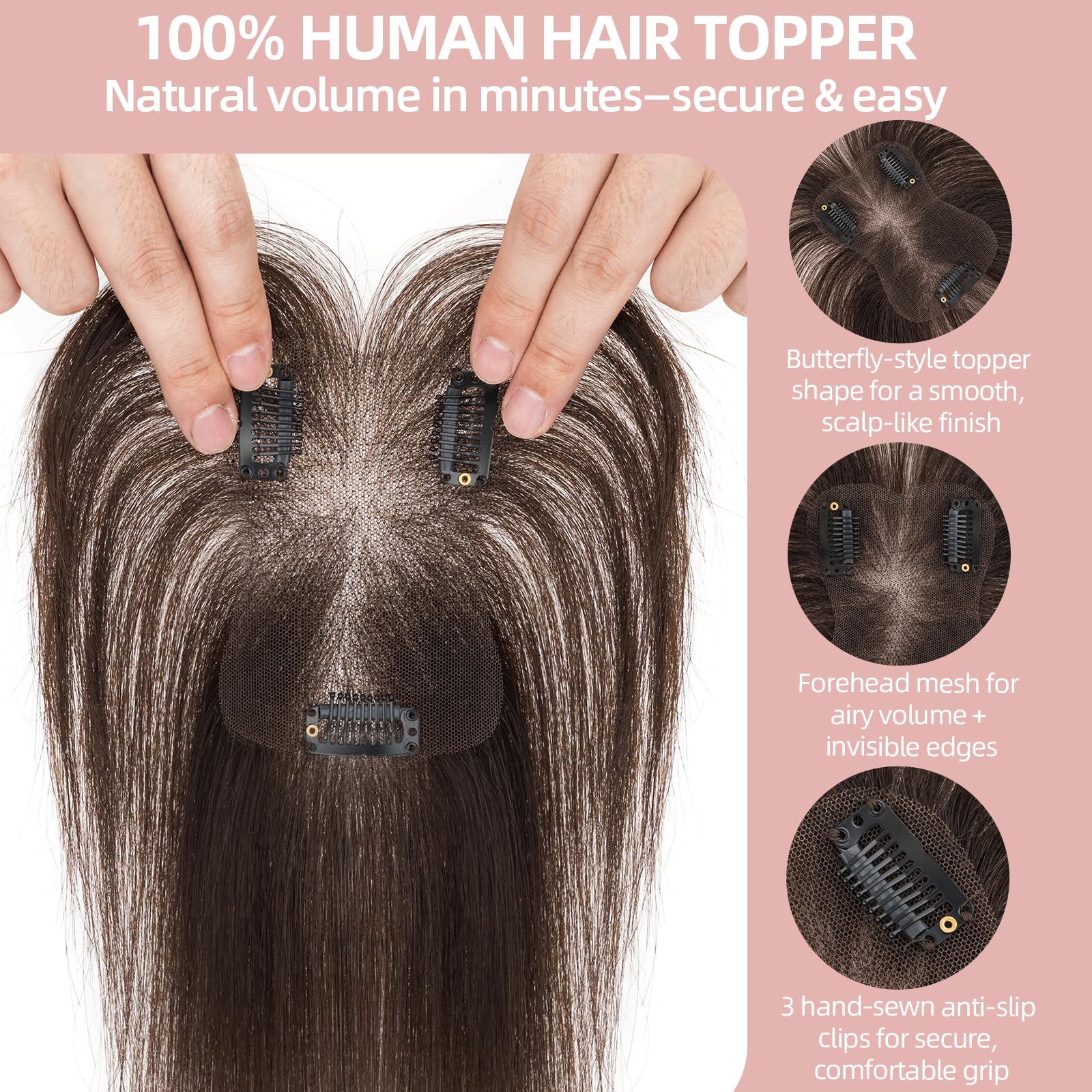 Silk-co Hair Topper Echthaar mit Pony, 8x11cm handgebunden Basis Toupet Damen, Clip in Haarteile mit Spitzen-Seidenbasis, 16g