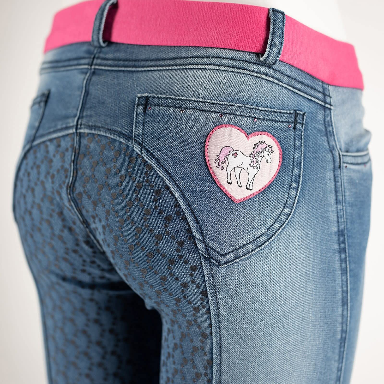 HORZE Pantalones de Montar Vaqueros conAsiento Completo de Silicona para Niños Poppy, Azul, 150