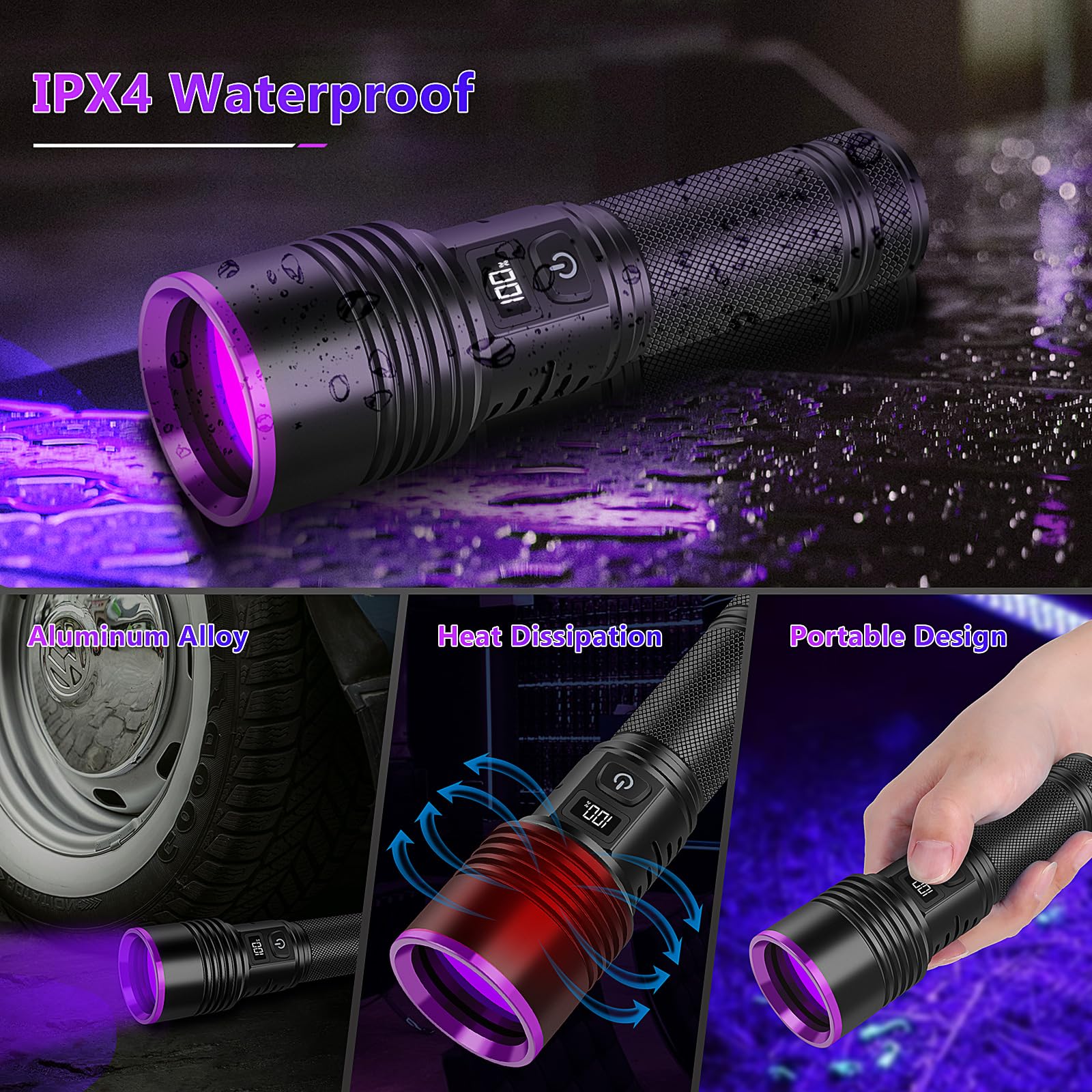 WINDFIRE 30W Torcia UV 365nm Potente, Lampada UV Luce Nera Ricaricabile con Display LCD, Ultravioletti Torce per Resina Polimerizzante, Rilevatore di Urina di Cane Gatto, Rocce