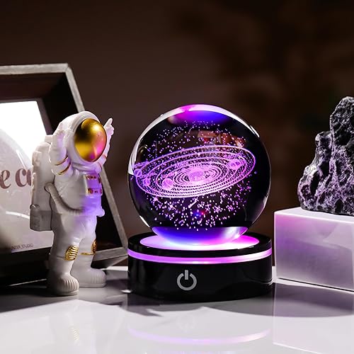 Miniatura 2 de Modelo de sistema solar 3D con bola de cristal, base de lámpara LED, decoración espacial, globo mundial, planetas, esfera, luz nocturna de 3.150 in,