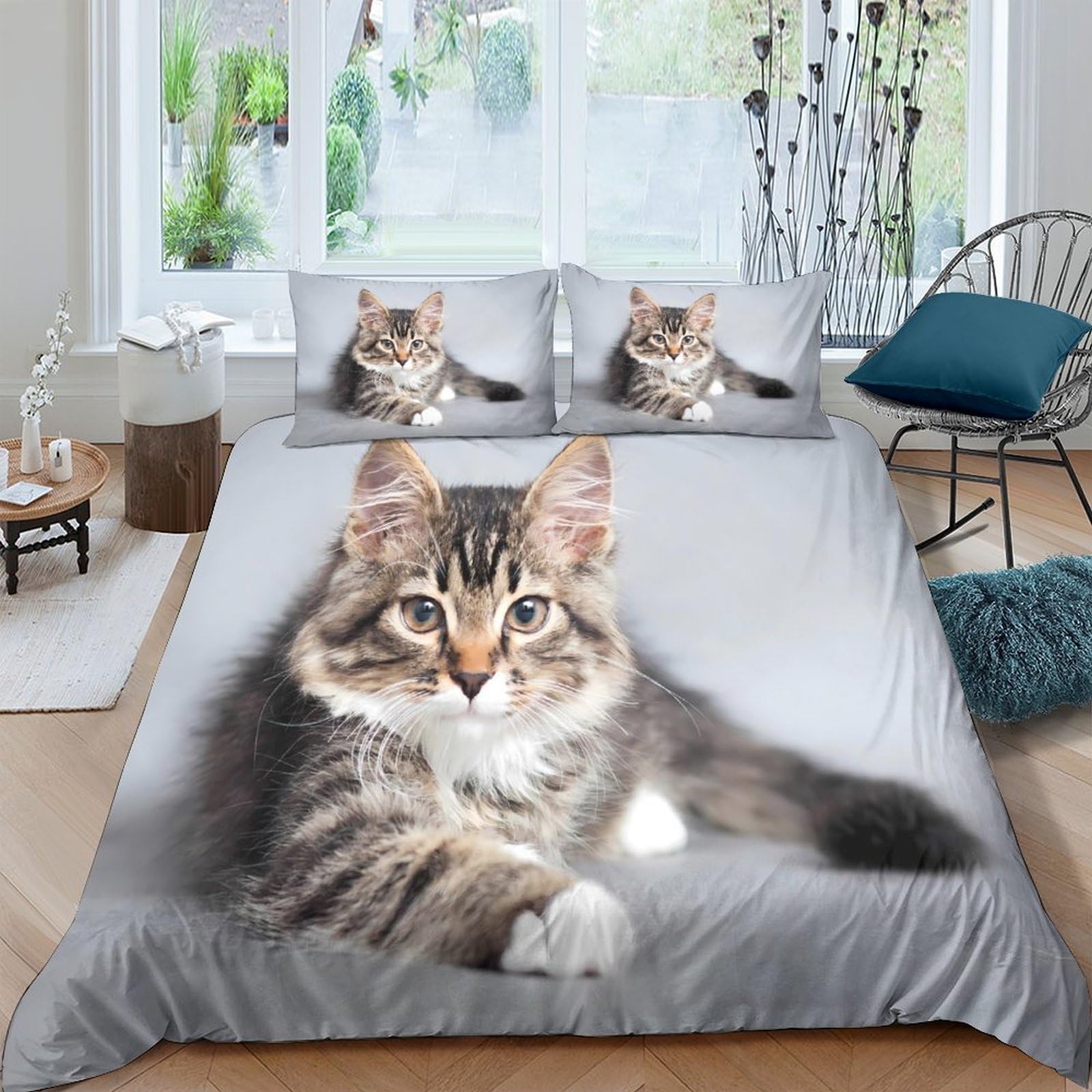 Ctjqhvkz Style-9 3D Printed Grey Tabby Cat Fitted Sheet Microfiber Soft Washable Cat Portrait Bed Cover For Bedroom Dorm Room Decor Mattress Protection Single（135X200cm）