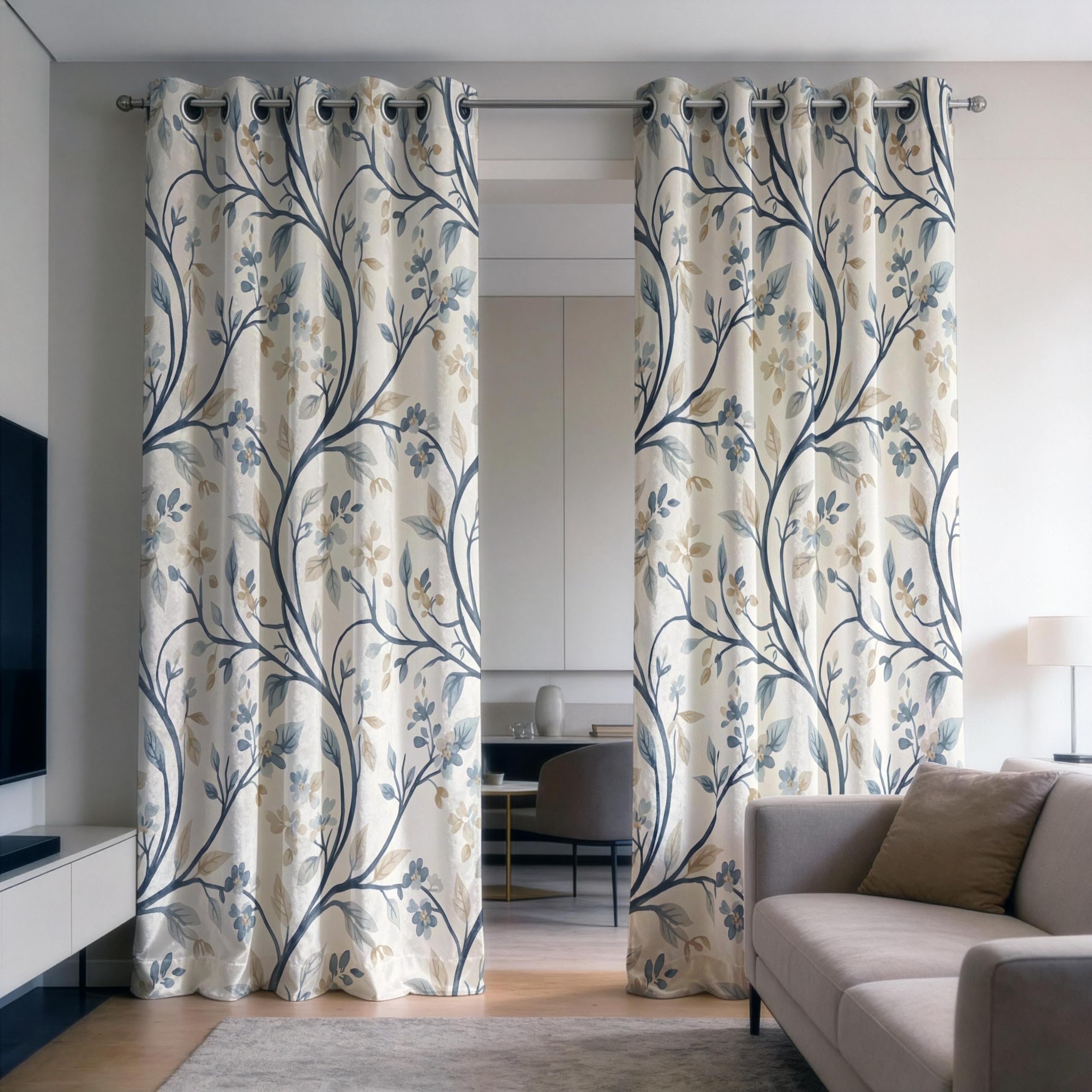 IKDZCM Floral Blackout Curtains for Bedroom, Botanical Print Drapes, Blue and Beige Window Panels Curtain for Living Room(WxH/2x140x180cm)