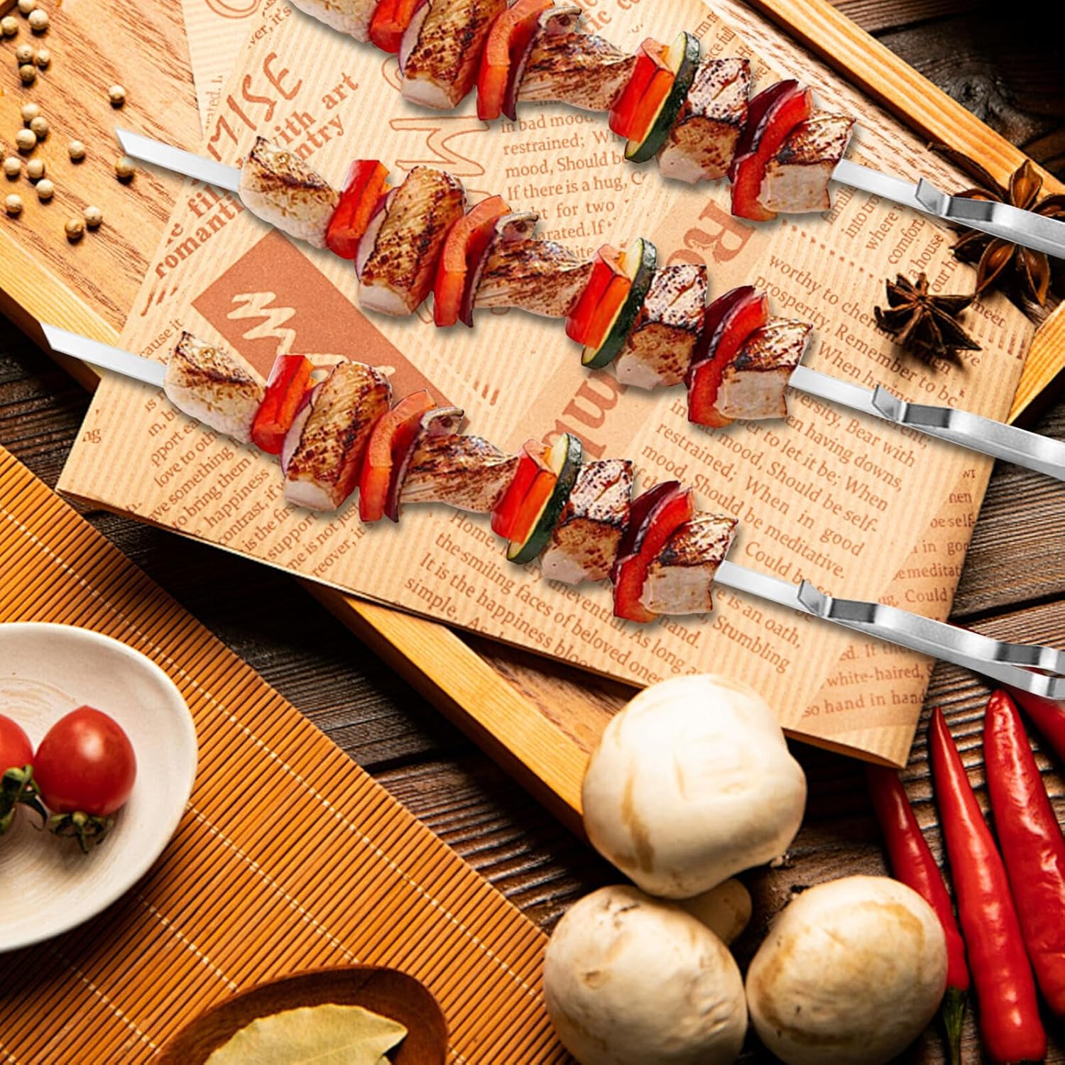 NUOBESTY Stainless Steel Bbq Skewers Set with Wavy Grill Sticks and Carrying Bag Rust-proof Reusable Meat and Kebab Skewers for Outdoor Grilling with Base Holder