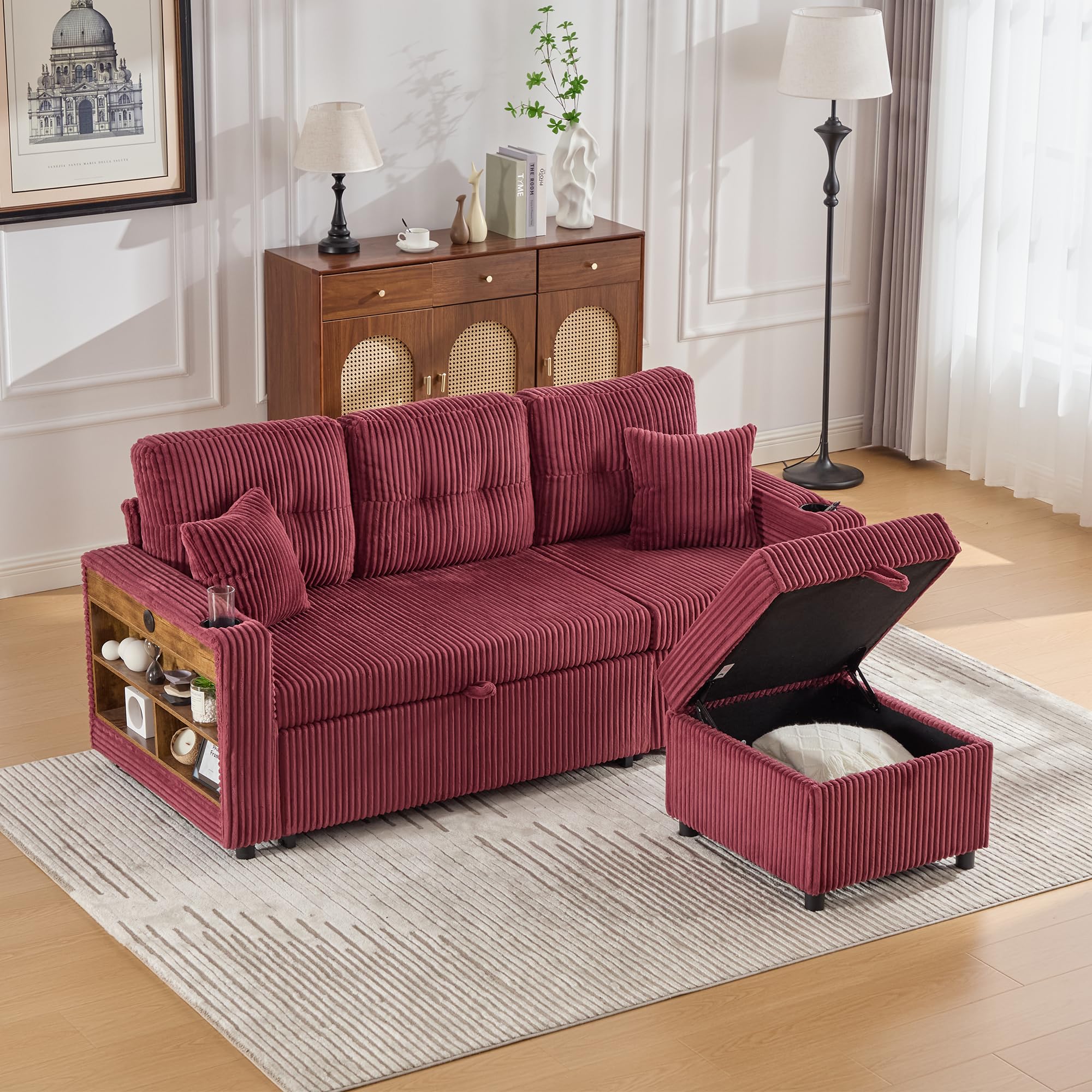 Modułowa sofa ze sztruksu, sofa do spania z wysuwaną funkcją spania i oświetleniem, składana sofa z poduszką na siedzisko i oparcie, kolor czerwonego wina