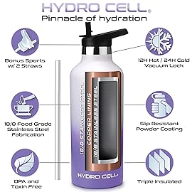 HYDRO CELL Stainless Steel Water Bottle with Straw & 2 Standard Mouth Lids (32oz 24oz 20oz 16oz) Keeps Liquids Hot or Cold w/Double Wall Vacuum Insulated Leak Proof Sport Design (Lavender/White 32oz)