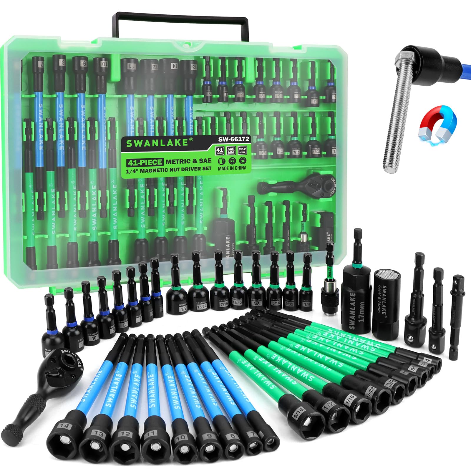 41-Piece Magnetic Nut Driver Set for Impact Drill Metric &amp; SAE, Impact Socket Adapter, 2-IN-1 Ratchet Handle, Wing Nut Driver, Universal Socket, 1/4'' Quick-change Bit Holder