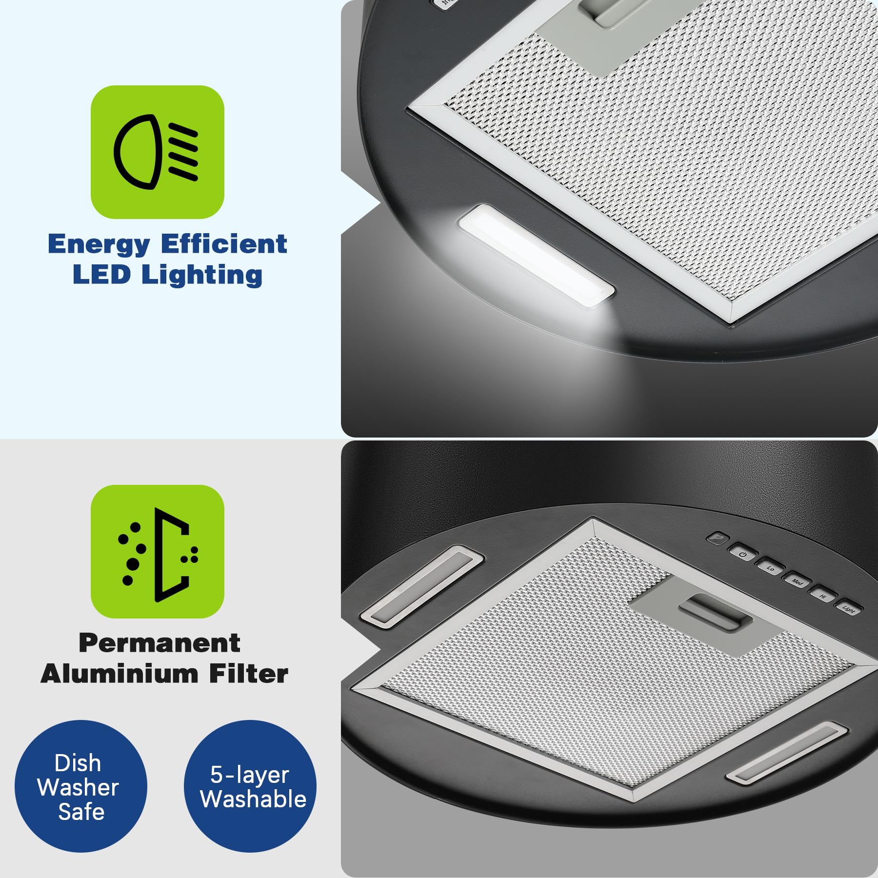 SNDOAS Inselhaube Dunstabzugshaube Umluft 35cm 700 m³/h Starker Saugleistung Aktivkohlefilter 3 Leistungsstufen LED-Licht Leise 55dB Schwarz