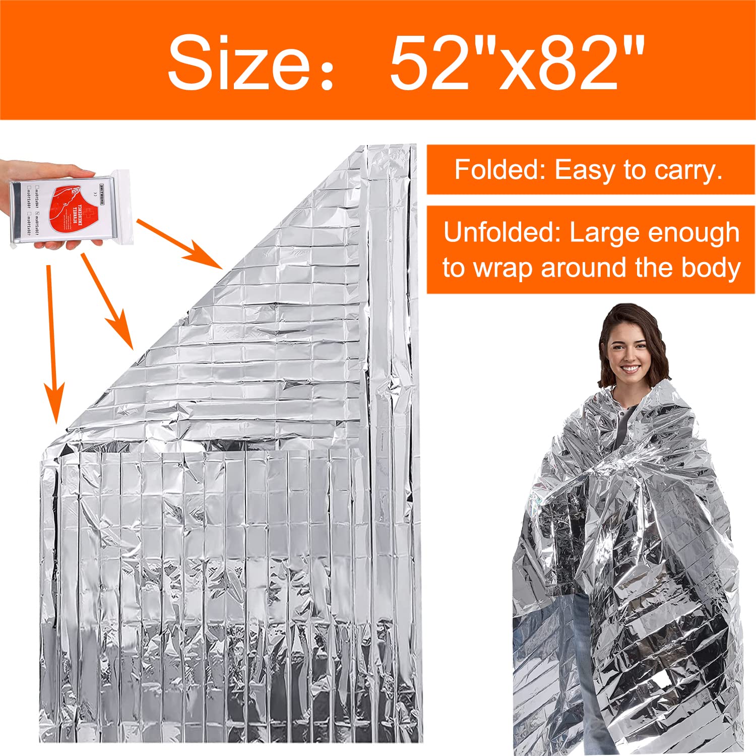 50 mantas térmicas de Mylar de emergencia, manta espacial gigantesca de 82 x 52 pulgadas, para maratones y uso en coche