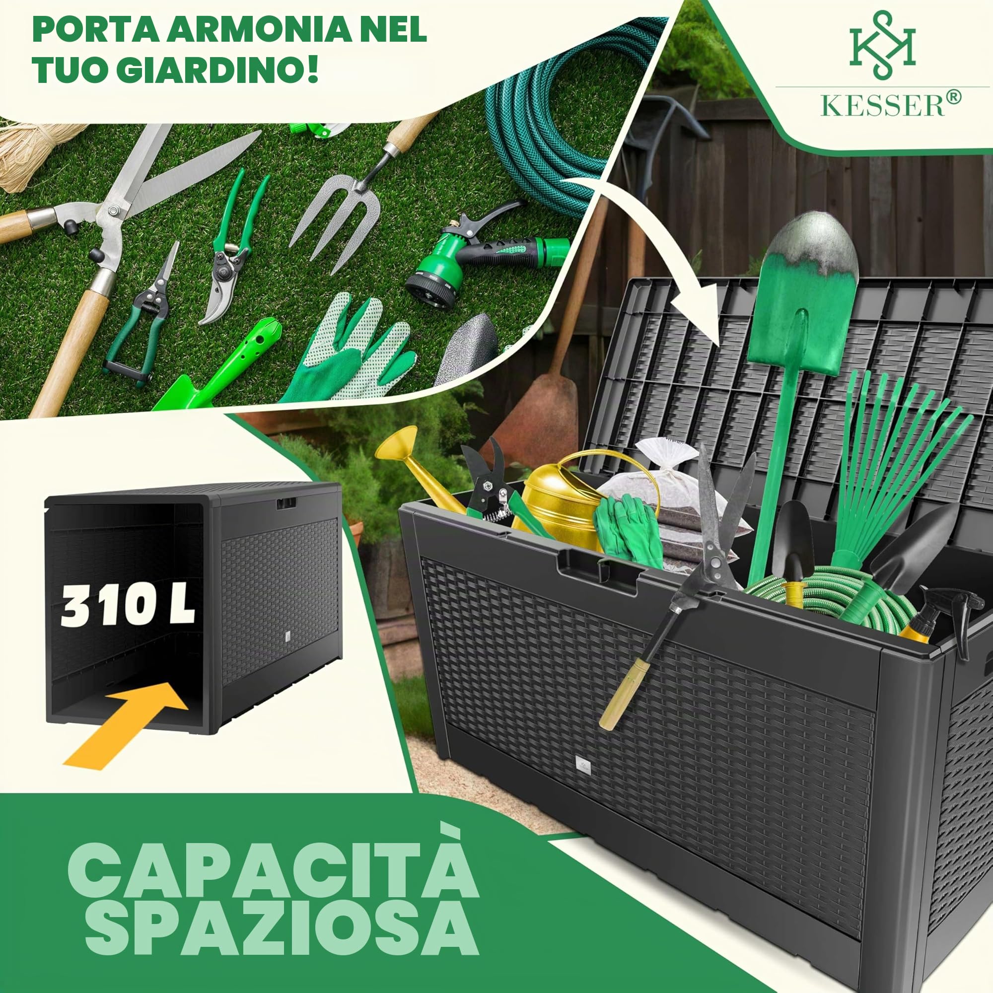 KESSER® Box portacuscini Baule Contenitore per Cuscini da 310 Litri con rotelle, Coperchio Ribaltabile, impugnature, Contenitore da Giardino Resistente alle intemperie Cassapanca