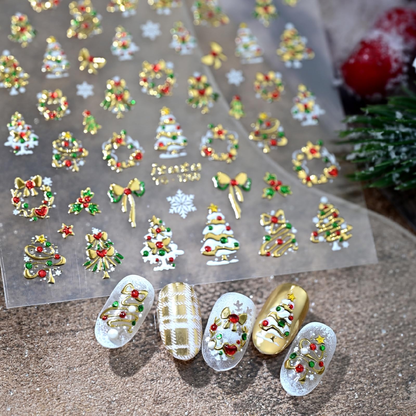 Christmas Tree Nail Sticker Decals Gold Nail Stickers Bow Nail Decals with Colorful Design 5D Self Adhesive Nails Charms for Women Girls Xmas Manicure Decoration Accessories Supply
