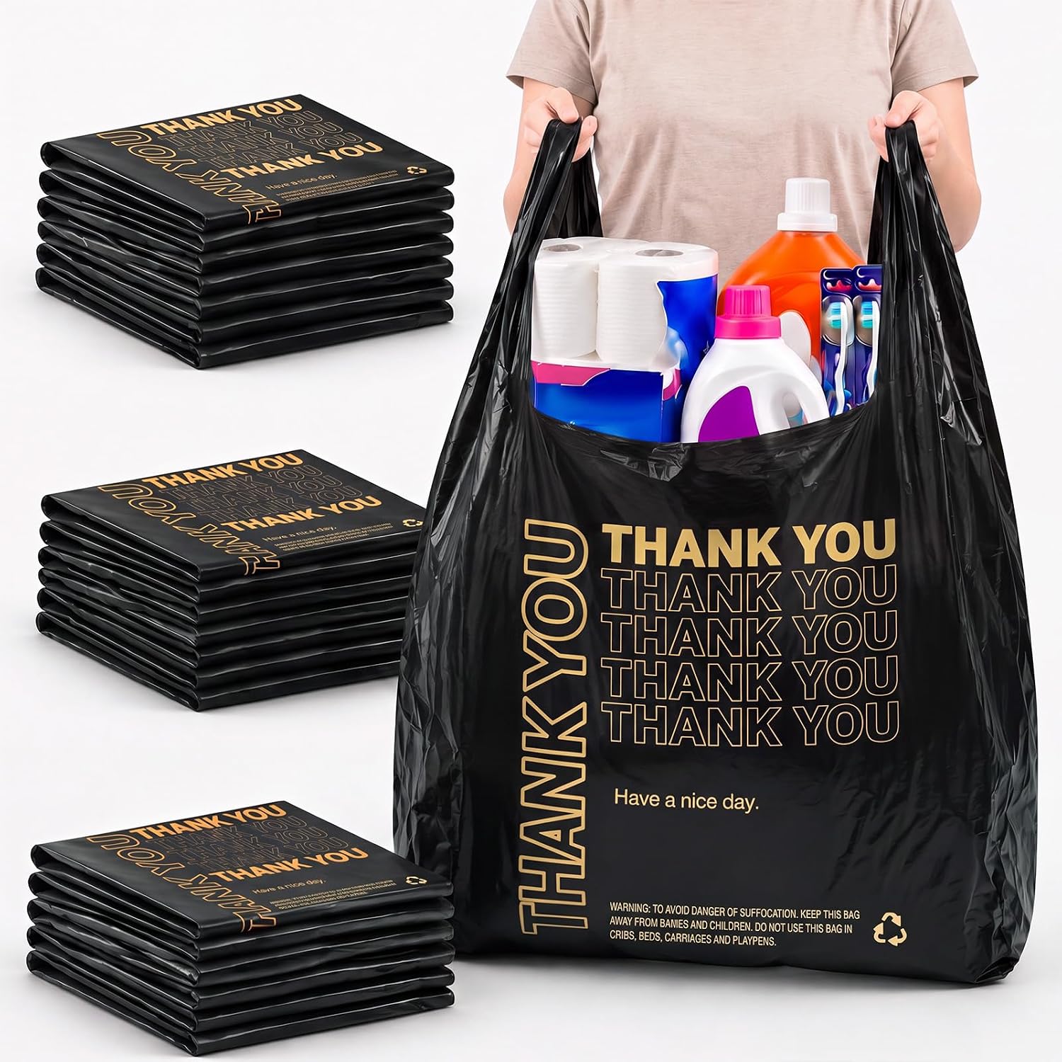 Fullhawl 100 Pack 36 x 24 x 10 in Extra Large Thank You Plastic Shopping Bags with Handles, 38mic, Reusable Heavy Duty Jumbo T-shirt Bags Bulk for Grocery Restaurant, Retail and Small Business(Black)