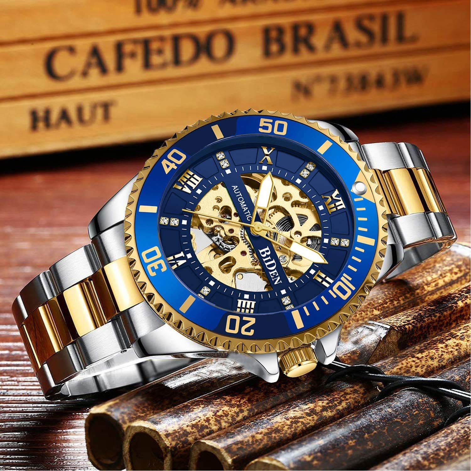 MASTOP Relojes mecánicos automáticos para hombre, de acero inoxidable, con esfera de diamante, de lujo, clásicos, de negocios, para hombre de negocios