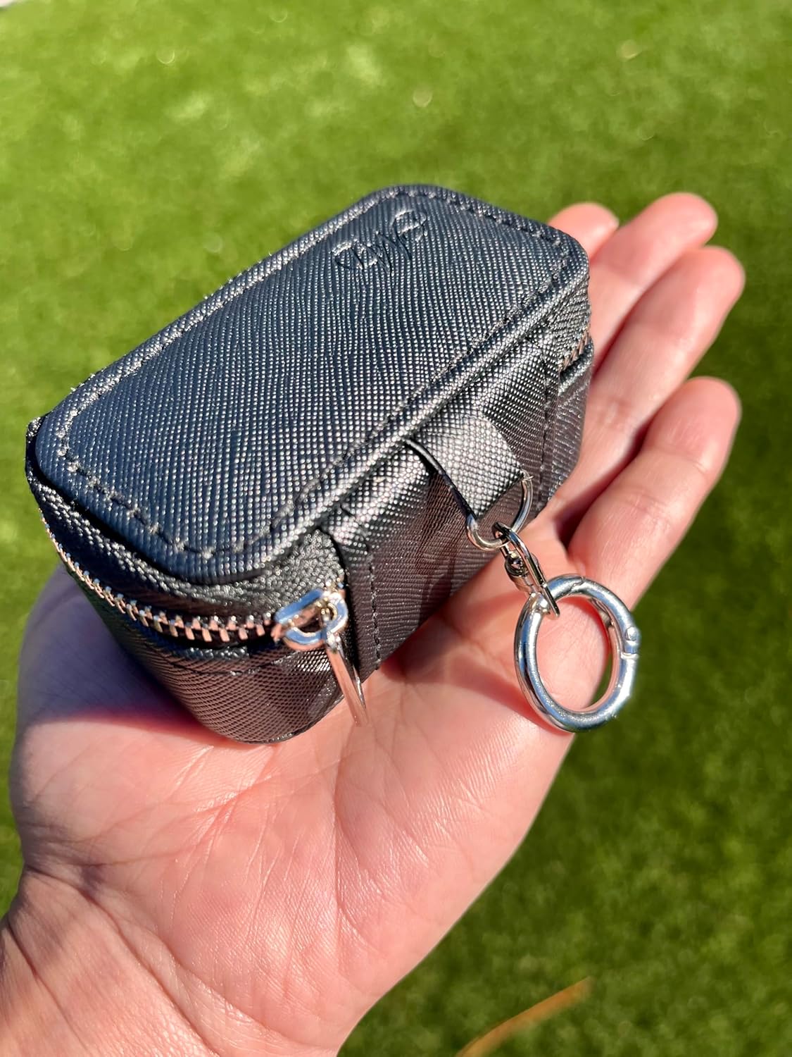 CMD Travel Jewelry Box Case Holder with Secure Keychain – Portable Ring Holder, Jewelry Organizer for Rings, Earrings, Necklaces, and Bracelets – Black Leather & Velvet, 2"D x 3.4"W x 1.75"H