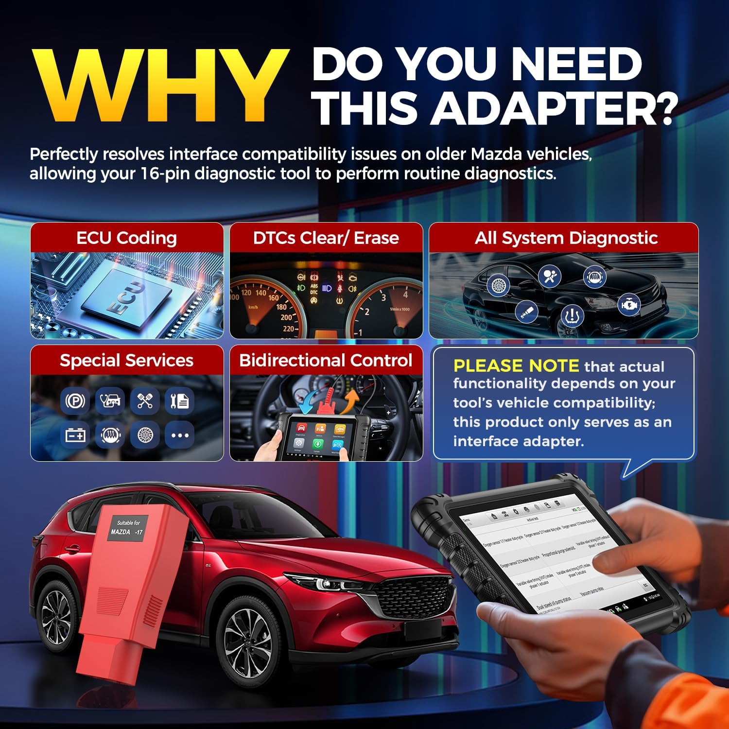 Autel Original Mazda 17 Pin Adapter, 17 Pin Male OBD1 to 16 Pin Female OBD2 Connector for Mazda Without OBDII Port, OE-Compliant Connector