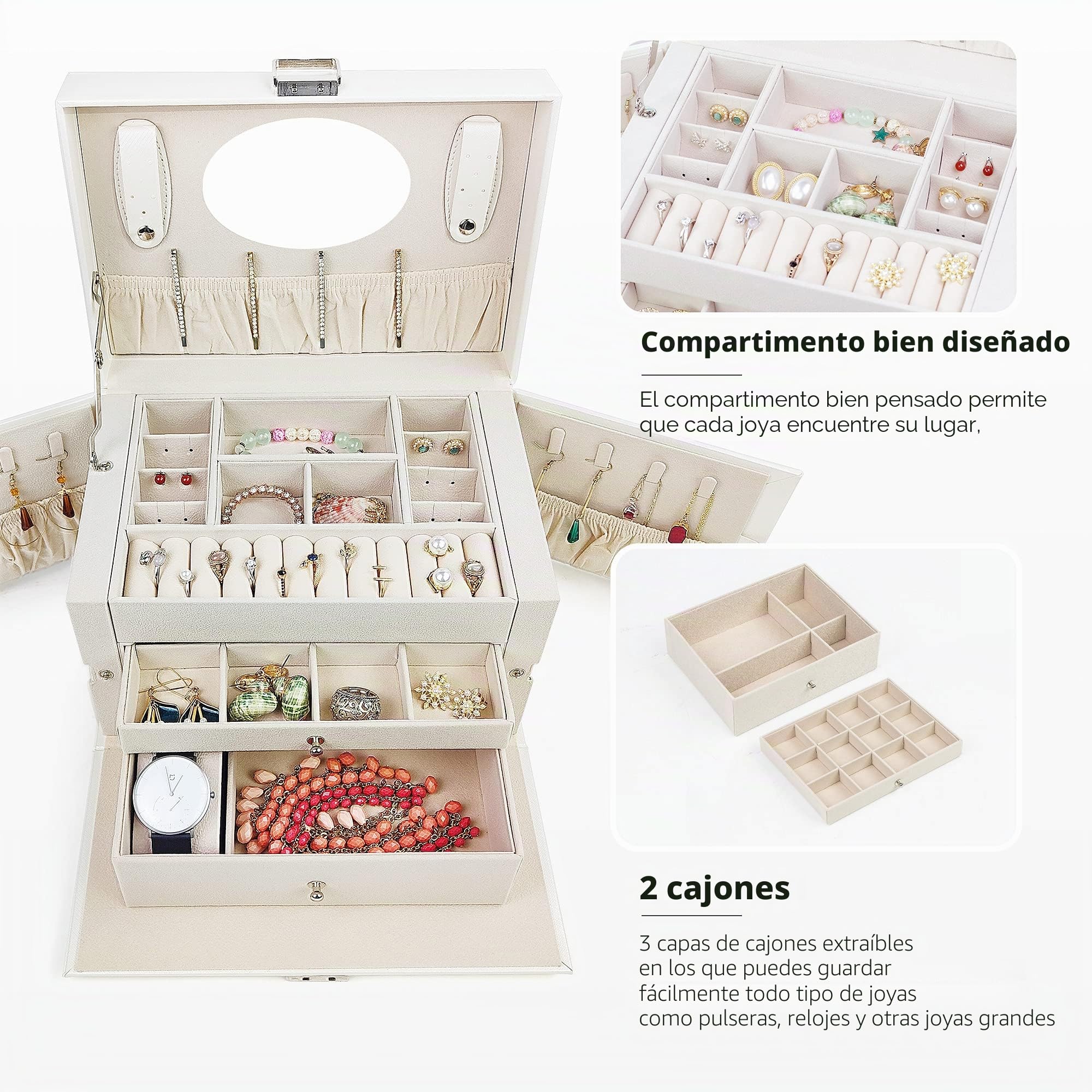 ADEL DREAM oyero de piel sintética con 3 niveles joyero para anillos pendientes collares pulsera regalo elegante para mujeres y niñas Blanco