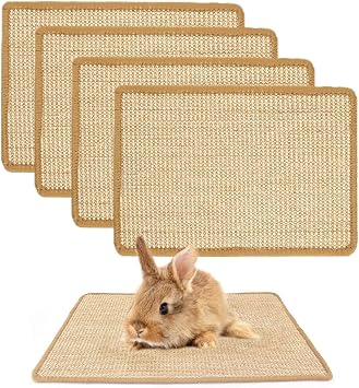 PODOO Bunny Scratch Pads, Sisal Rabbit Scratching Pad, Natural Rabbit Resting Mats for Cages, Forage Grass Mat Indoor Essentials Accessories for Guinea Pig Cat 4Pcs, 15.7x11.8 inches