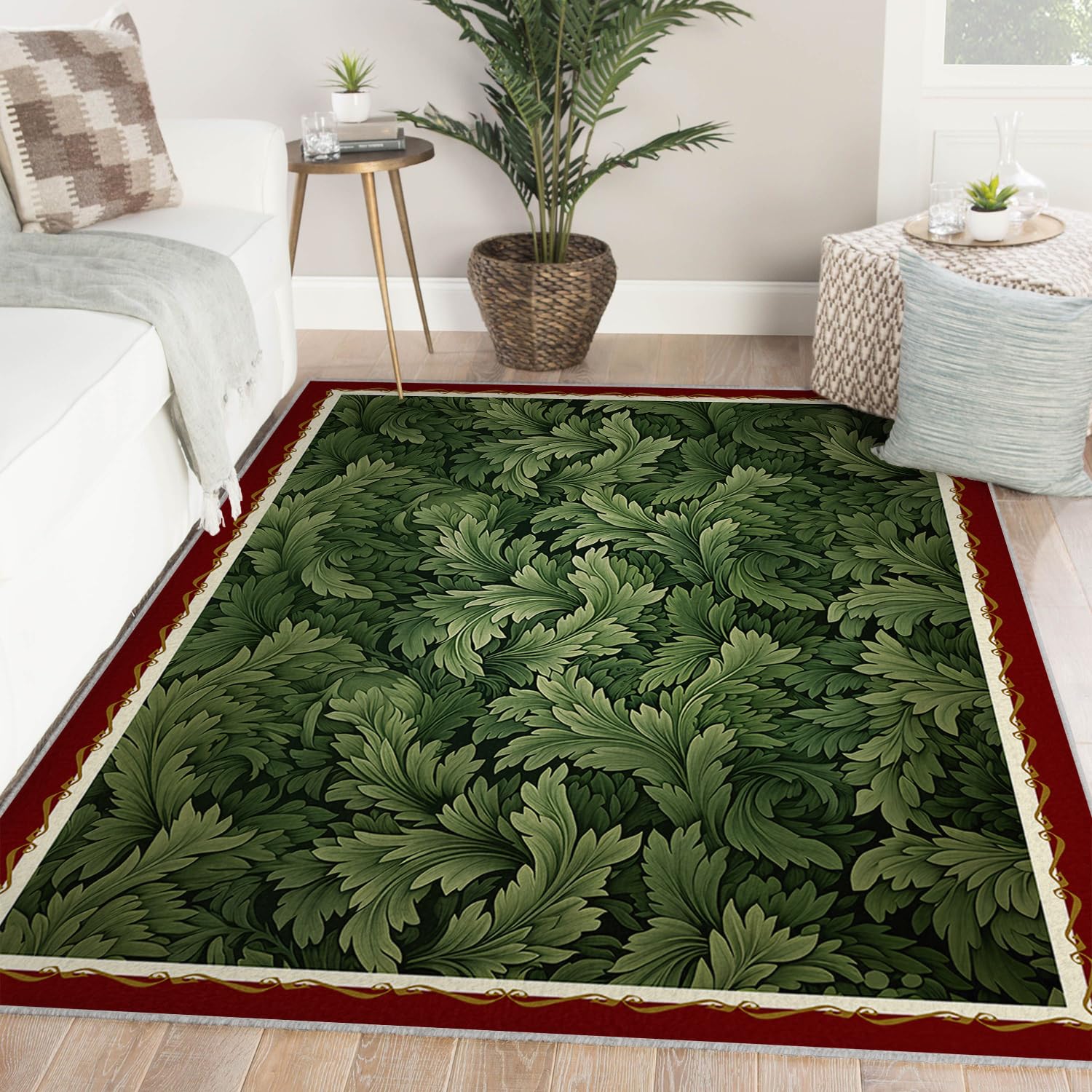 Tapis 200x300cm feuilles vintage lavable poil bas vert