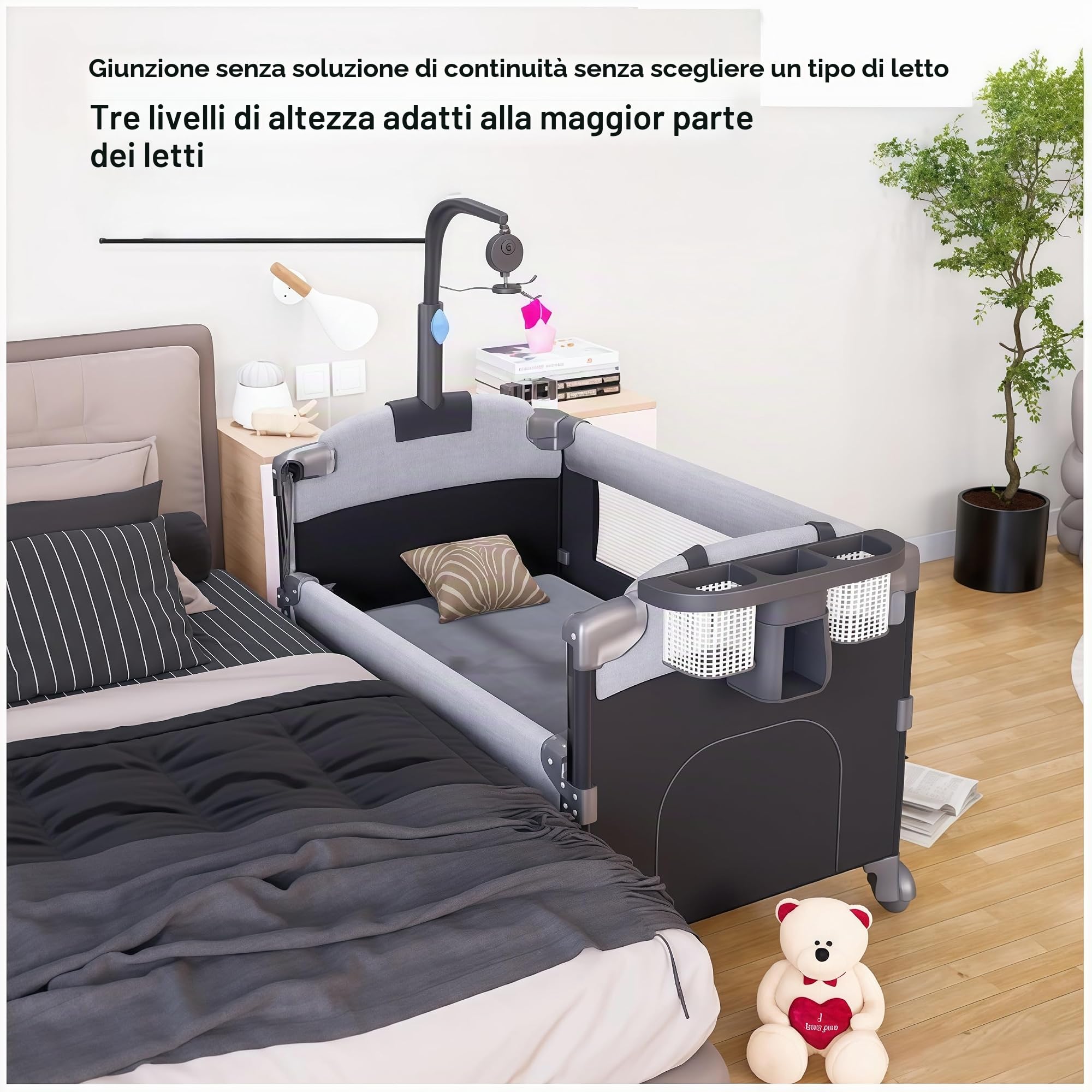 Lettino da Campeggio per Bambini, Lettino Culla Neonato da Campeggio, Pieghevole Portatile da Affiancare al Letto, Ampio Spazio per Giocare con Materasso e Fasciatoio (6602 Black with Net)