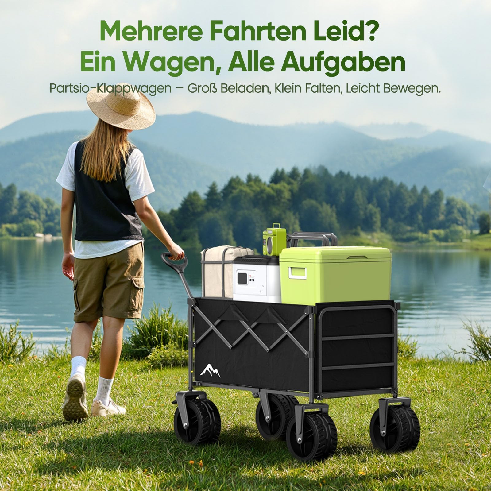 XXXL Bollerwagen Faltbar 300L mit Verstellbarer Heckklappe, 200 KG Belastbar, 360°-Schwenkbare All-Terrain-Räder & Doppelbremsen, Verstellbarer Griff & 2 Netztaschen，Strand/Wanderung/Camping/Einkauf