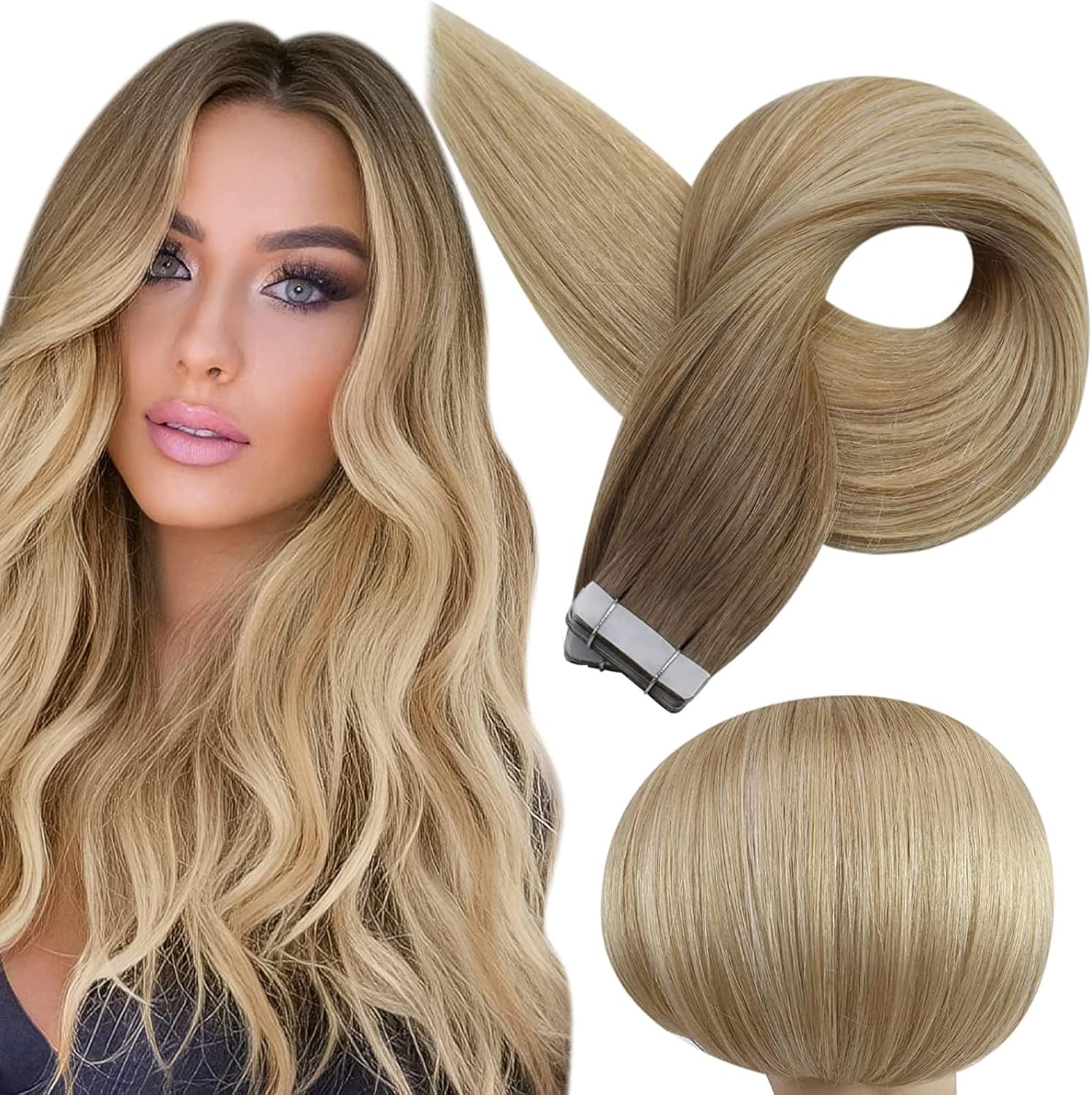 Full Shine Hair Extensions Tape in Real Hair Color 6 Fading to 27 Honey
