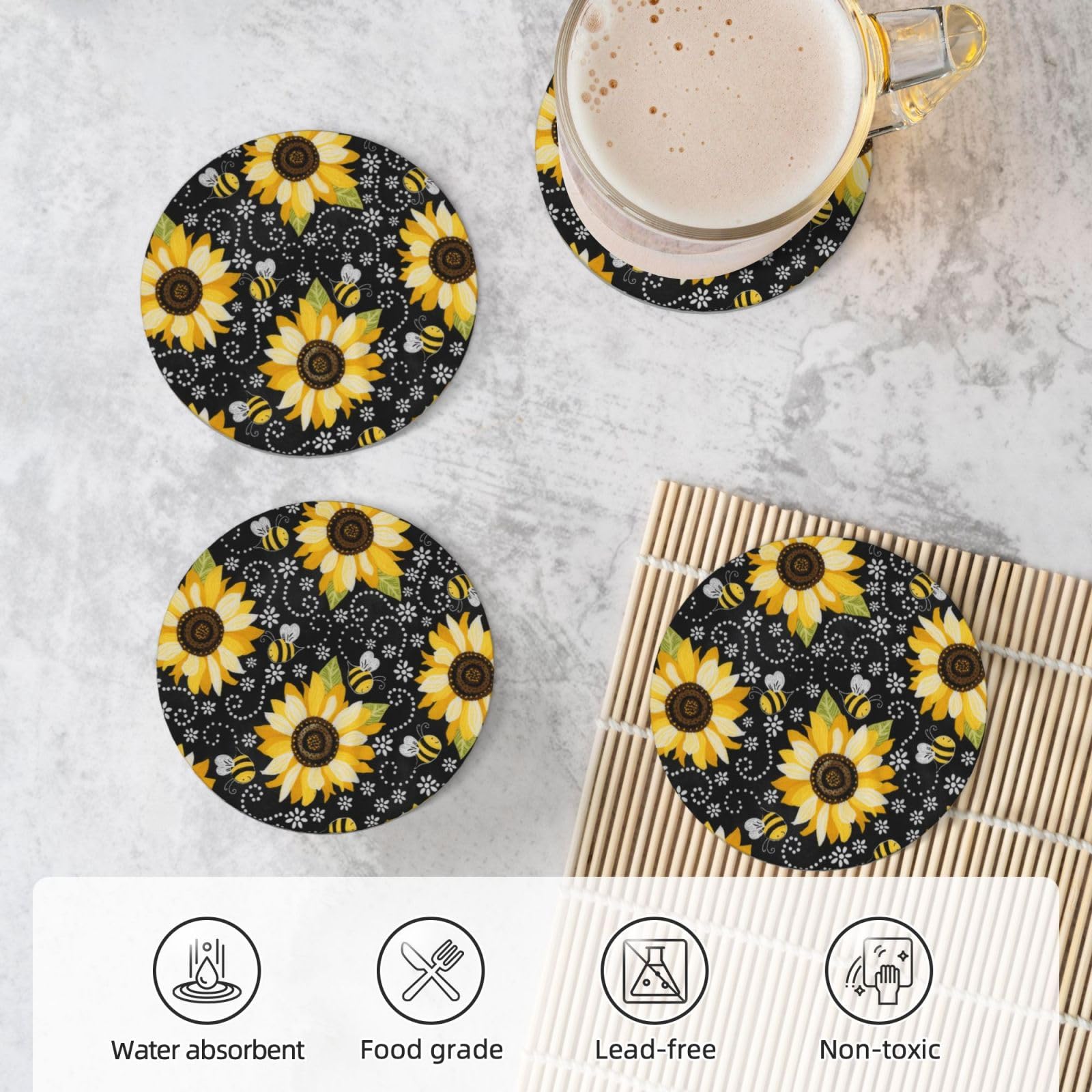 Set di 4 sottobicchieri decorativi in ceramica con api girasoli stampati