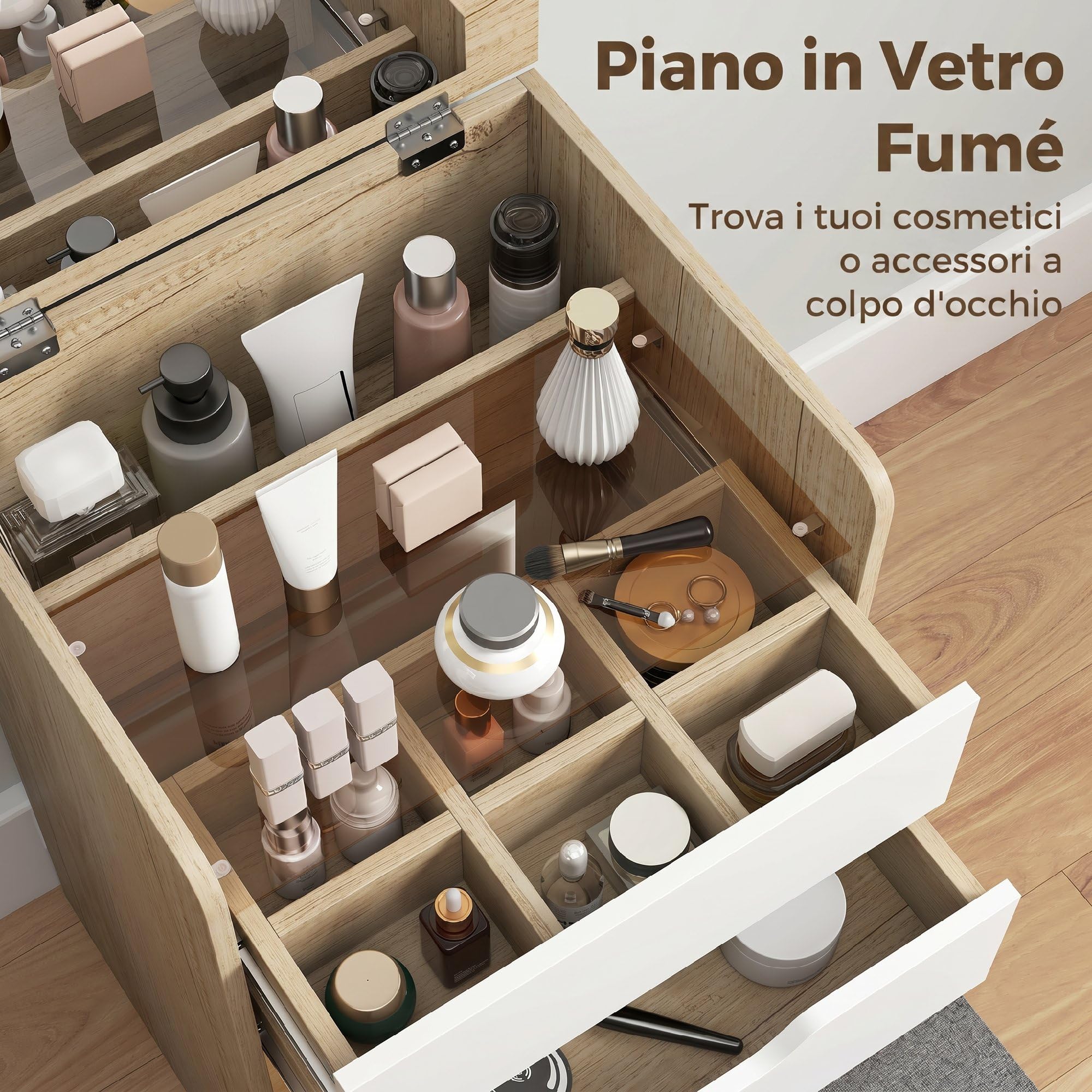HOMCOM Postazione Trucco 3 in 1 con Specchio a Ribalta, Sgabello a Scomparsa, Toeletta Trucco con Sgabello Imbottito a Ruote, 3 Cassetti, Piano in Vetro Visibile, Vano, Salvaspazio, Rovere e Bianco