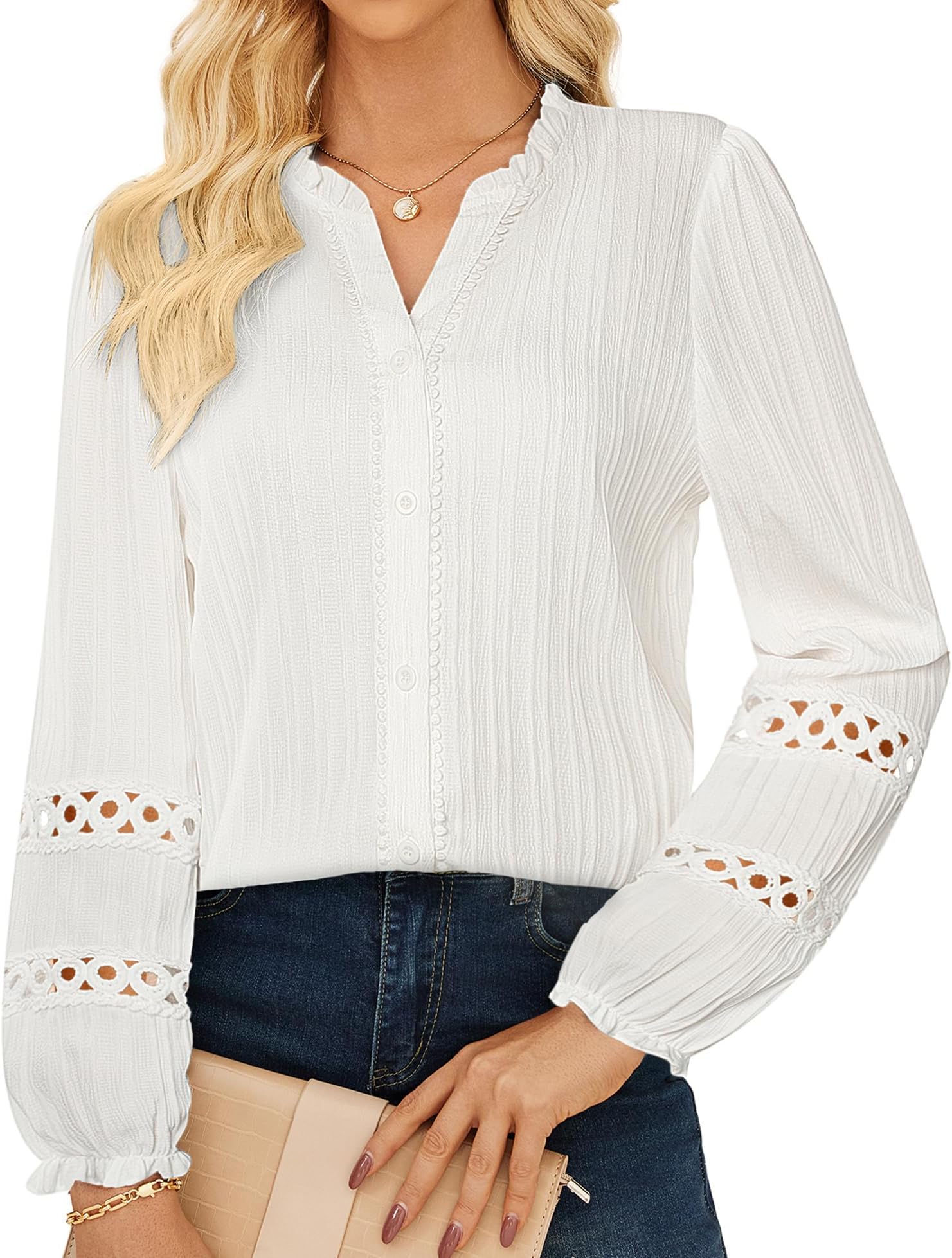 Women Dressy Casual Tops,Long Sleeve Button Down Ruffle Blouse,Work V Neck Shirt Summer Spring Business Outfit
